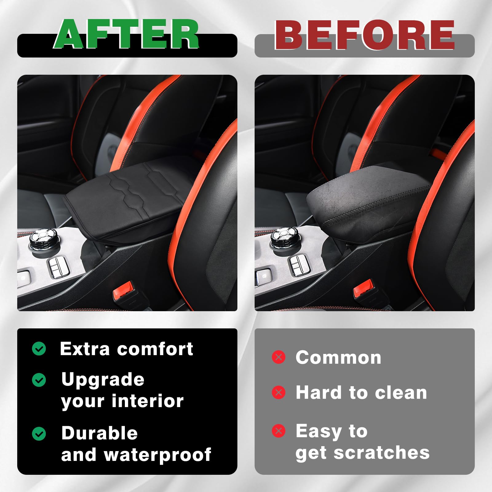 Muslogy Center Console Armrest Cover for Ford Ranger 2024-2025, Vegan Leather, Regular Size, Black/Black Stitching