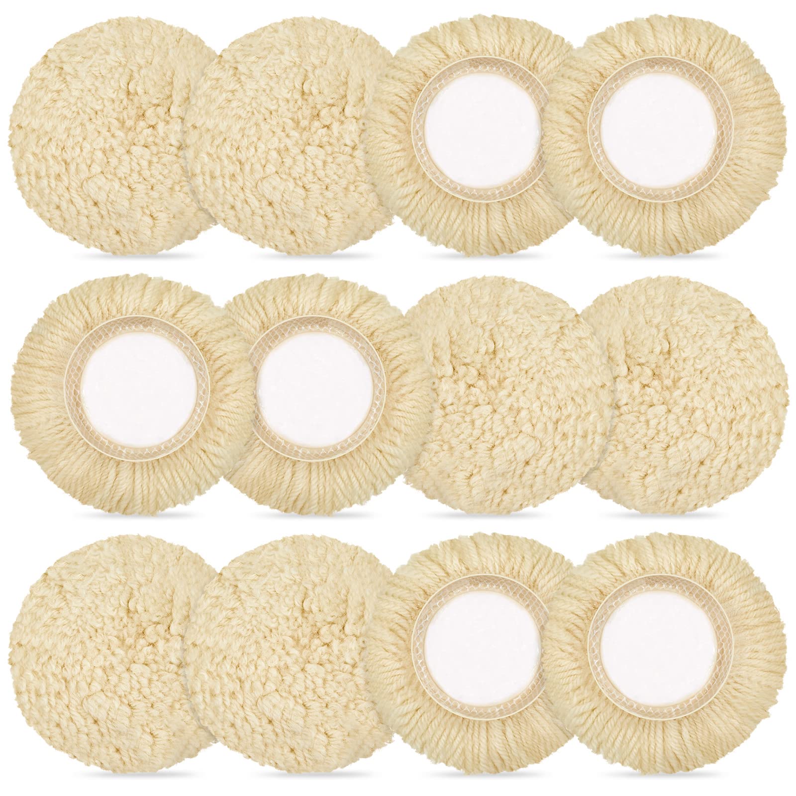 12 Pcs 3 Inch Polishing Pad Buffing Pads Kit Wool Polishing Pad Hook Loop Buffing Pads for Drill Curved Edge Compound Cutting Pa