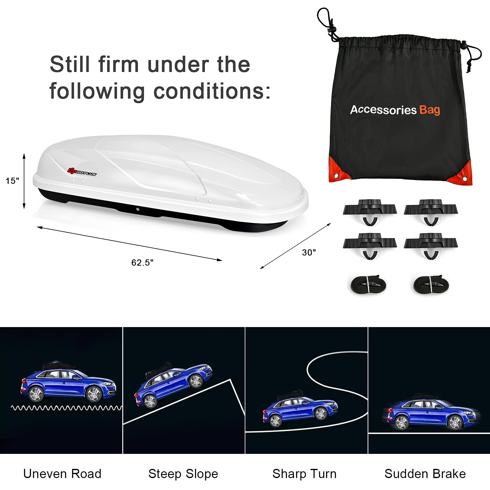 Goplus Rooftop Cargo Carrier, 14 cu ft Waterproof Hard Shell, Dual Side Opening, 165LBS Capacity, Fits 17”-22.8” Crossbar Rack, White