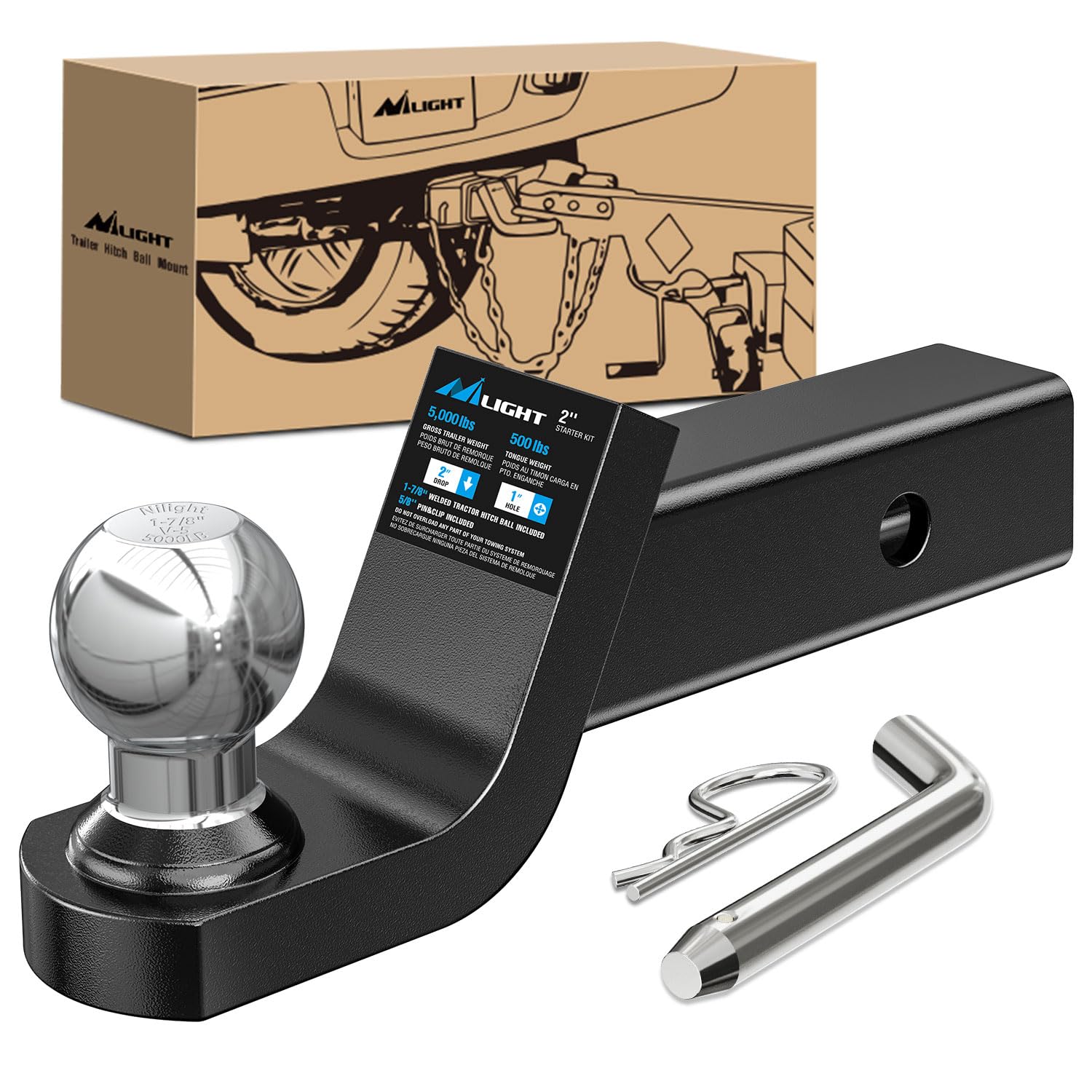 Nilight Fusion Trailer Hitch Mount With 1-7/8 Inch Trailer Ball & 5/8'' Hitch Pin Clip, Fits 2-Inch Receiver 5000 Lbs 2'' Drop