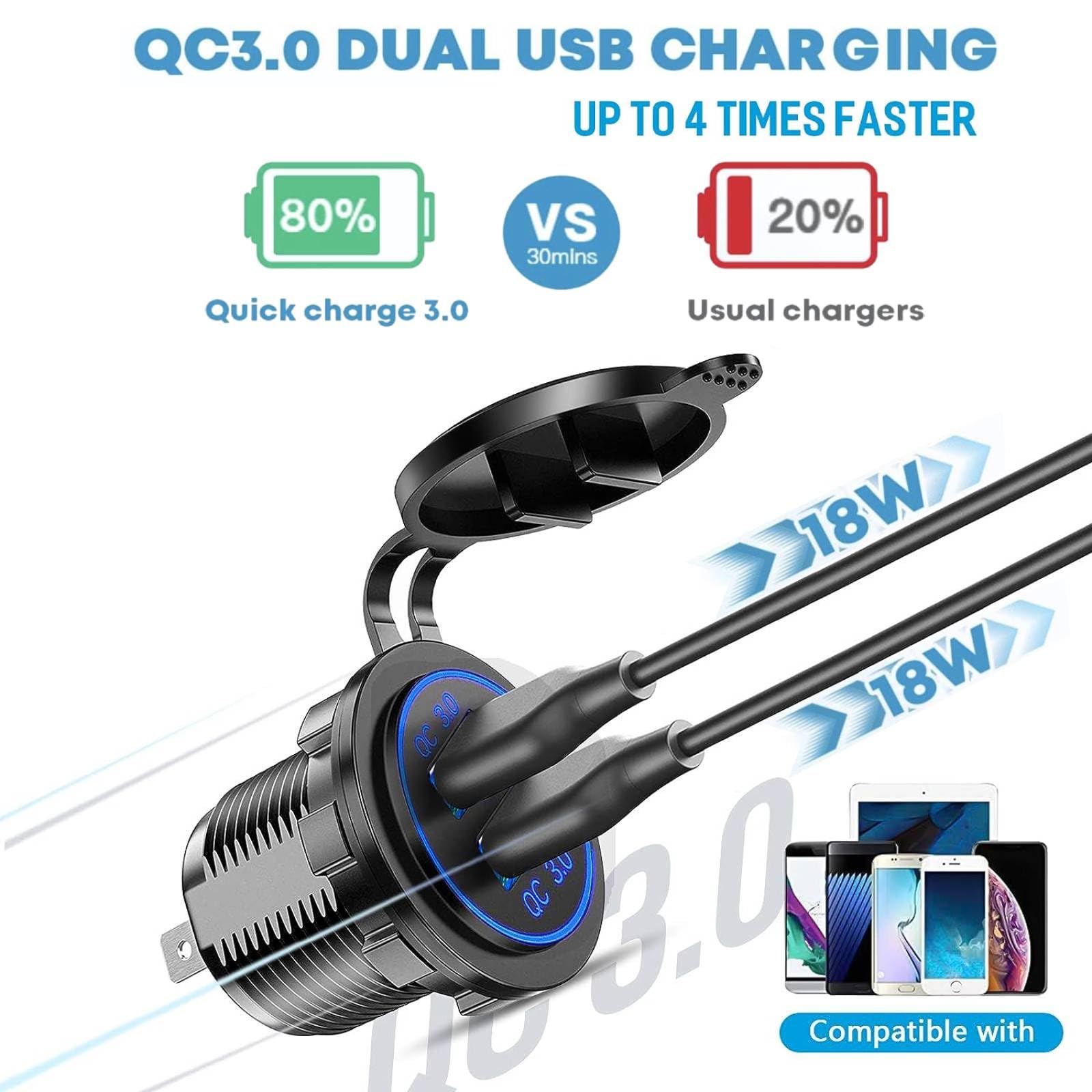 [Upgraded] Cigarette Lighter Socket Outlet Splitter, Quick Charge 3.0 Usb Charger Power Outlet With Led, 12V Usb Outlet Marine W
