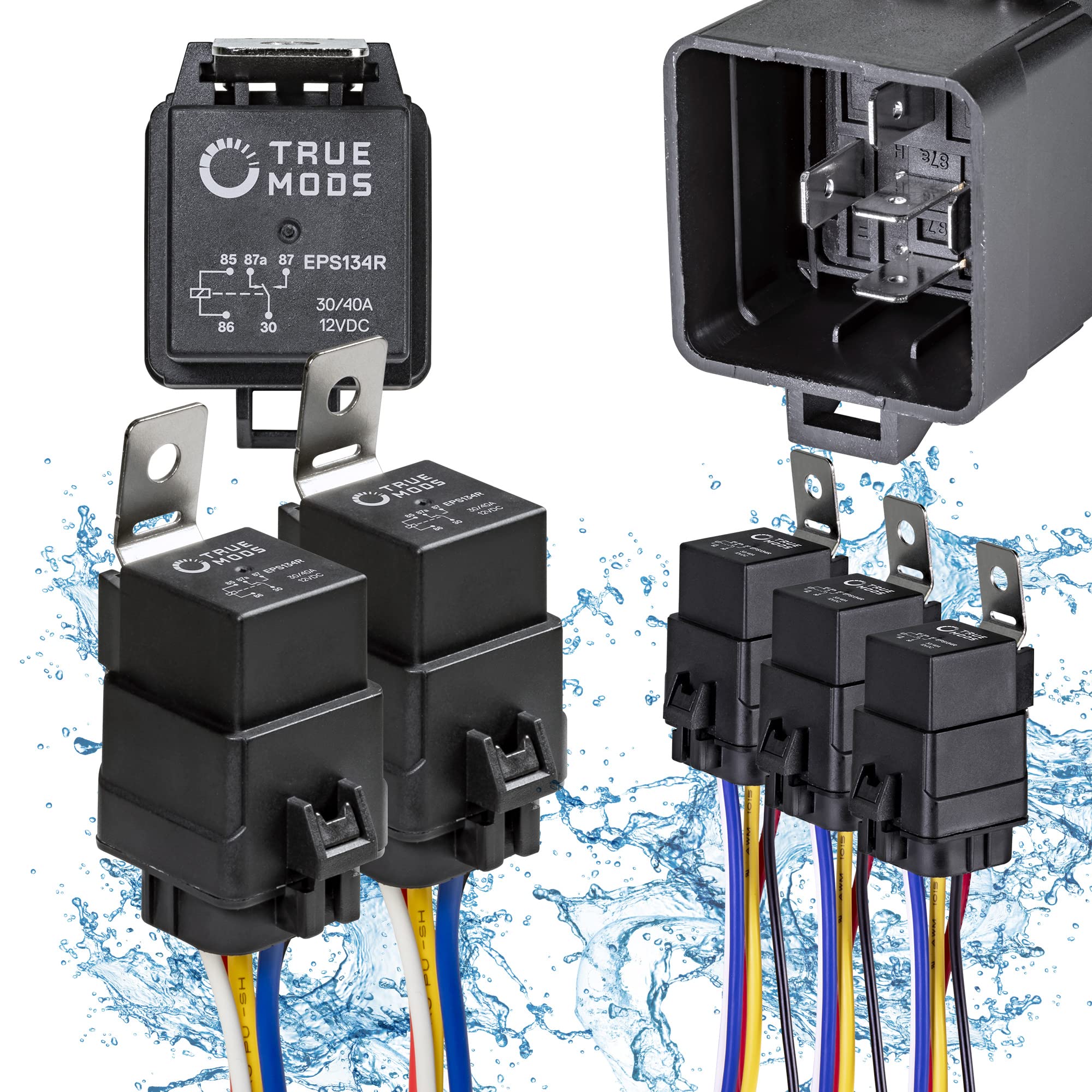 True Mods 5 Pack 5-Pin 12V Bosch Style Waterproof Relay Kit [Harness Socket] [12 Awg Hot Wires] [Spdt] [30/40 Amp] 12 Volt Automotive Marine Relays For Boats Auto Fan Cars