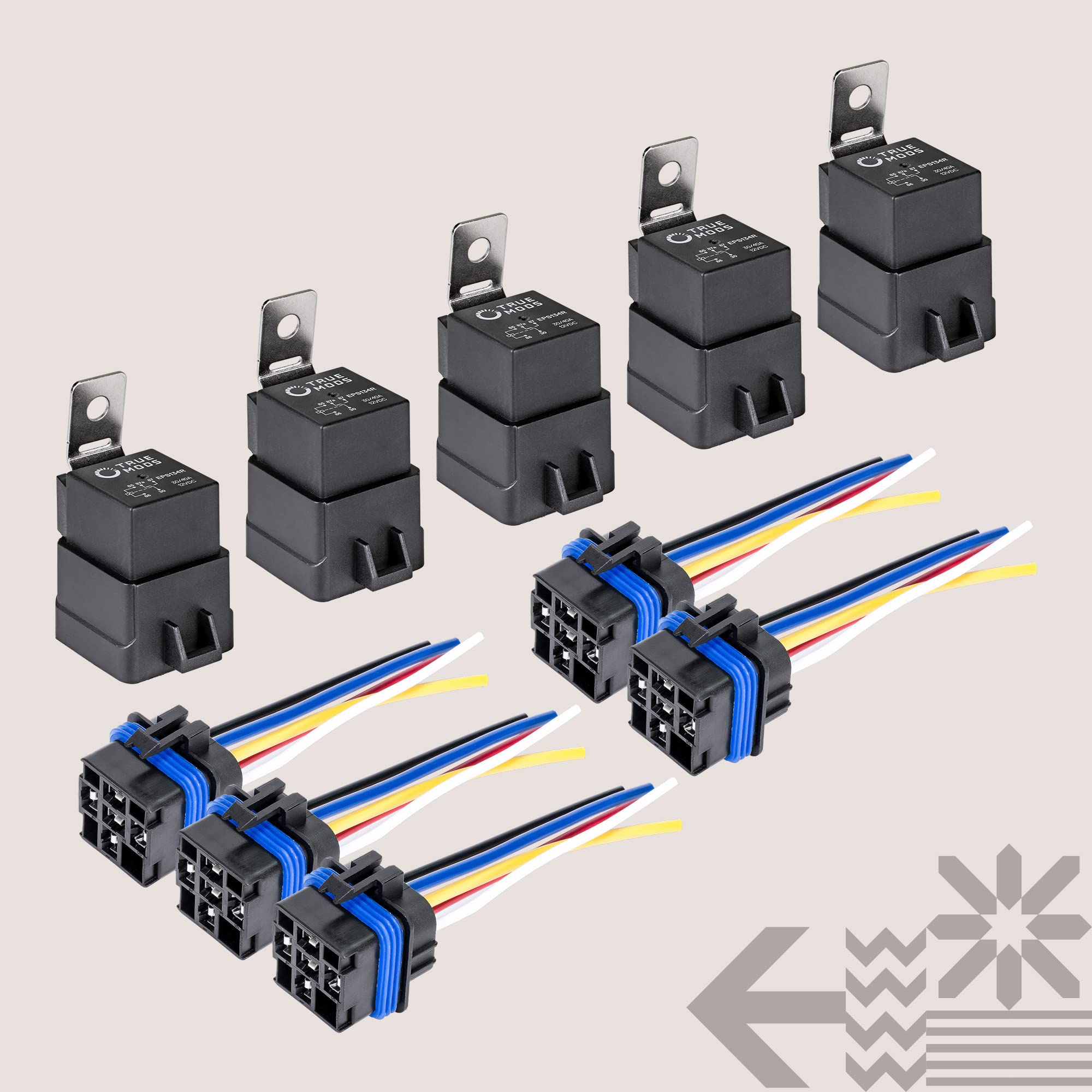 True Mods 5 Pack 5-Pin 12V Bosch Style Waterproof Relay Kit [Harness Socket] [12 Awg Hot Wires] [Spdt] [30/40 Amp] 12 Volt Automotive Marine Relays For Boats Auto Fan Cars