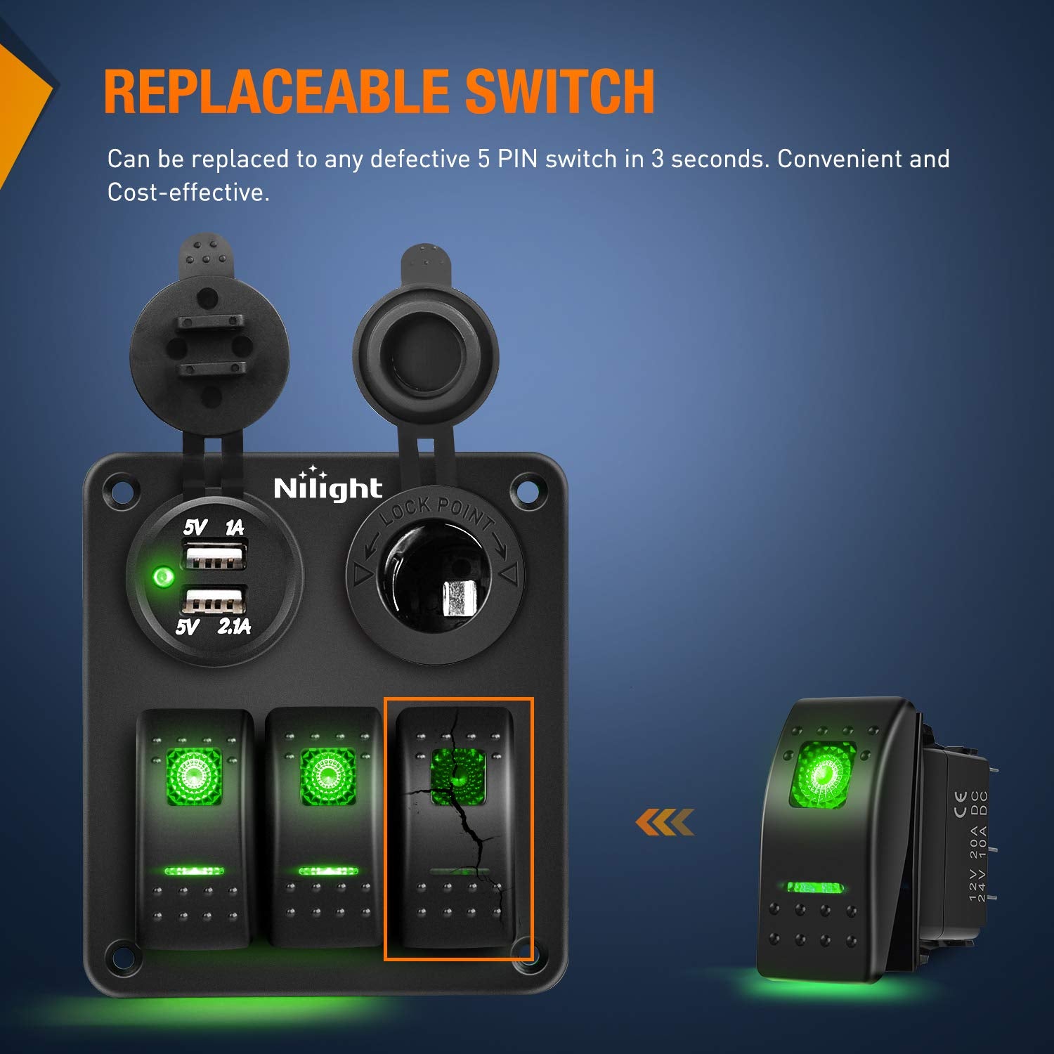 Nilight 6 Pack Rocker Switches With Night Glow Stickers 5 Pin Spst Rocker Switches With Green Backlit 12V/24V Toggle Switches Fo
