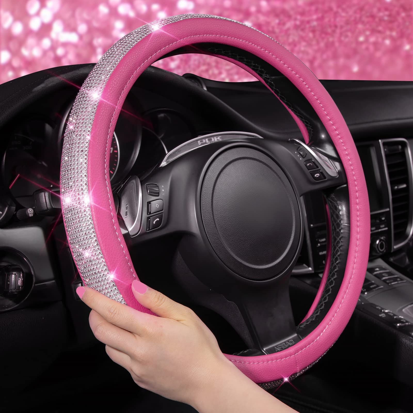 CAR PASS Diamond Pink Leather Steering Wheel Cover, Bling Crystal Rhinestones, Universal Fit 14.5"-15", for SUVs, Vans, Sedans, Trucks