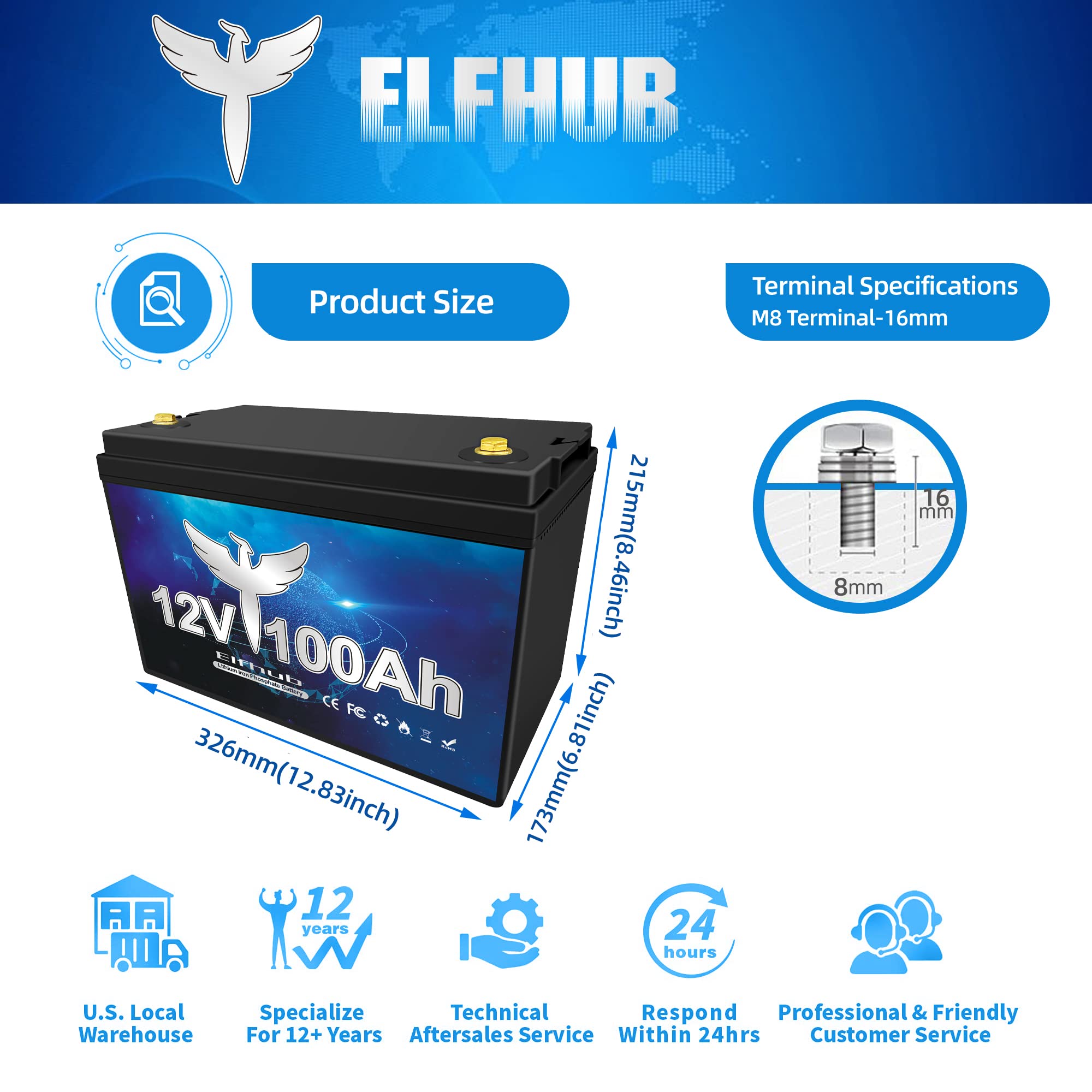 Elfhub 12V 100Ah LiFePO4 Lithium Battery with 100A BMS, 1280Wh Energy, Model ELFB332, Perfect for RVs and Solar Applications