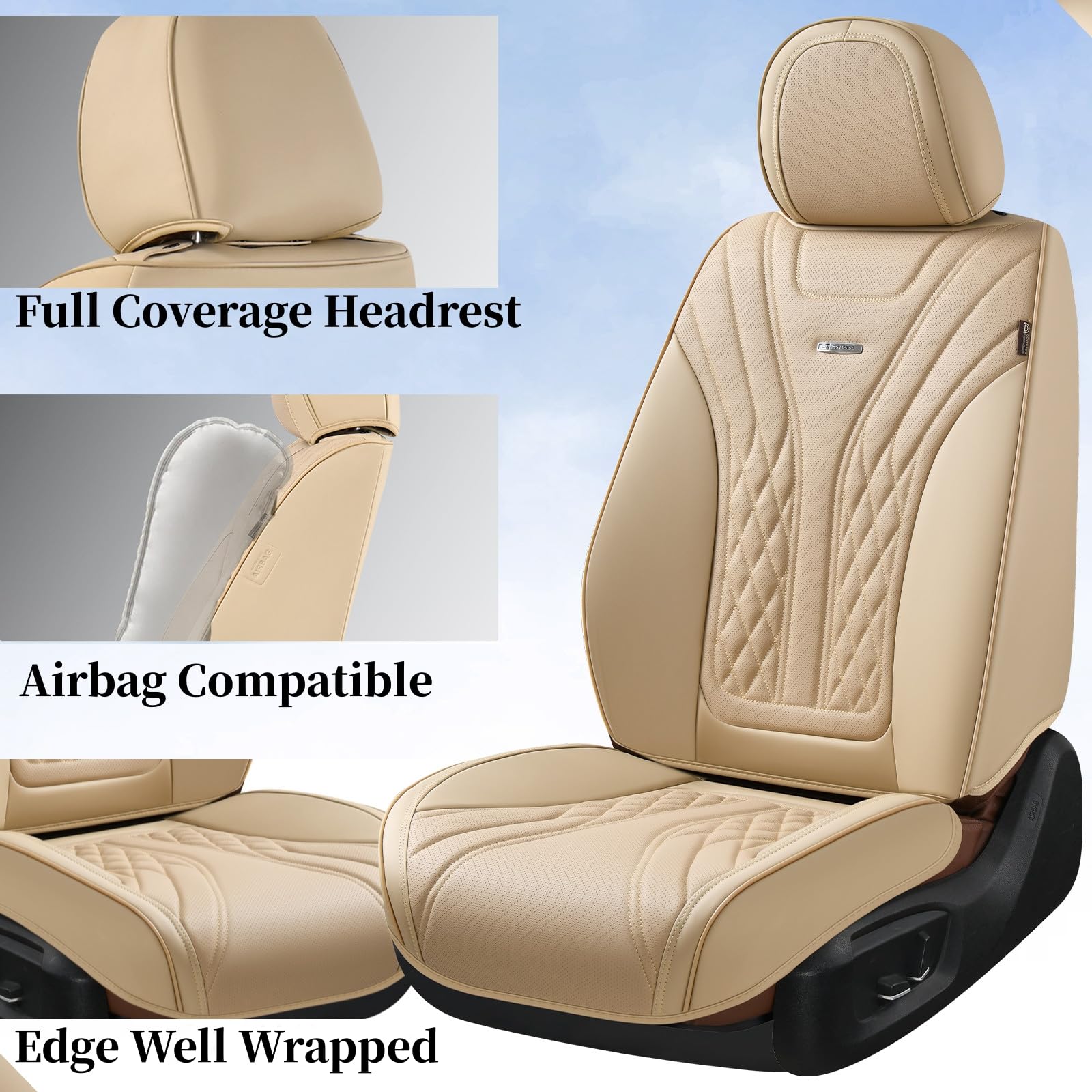 Coverado Car Seat Covers Front Pair, Nappa Leather, Waterproof, Beige, SCU038