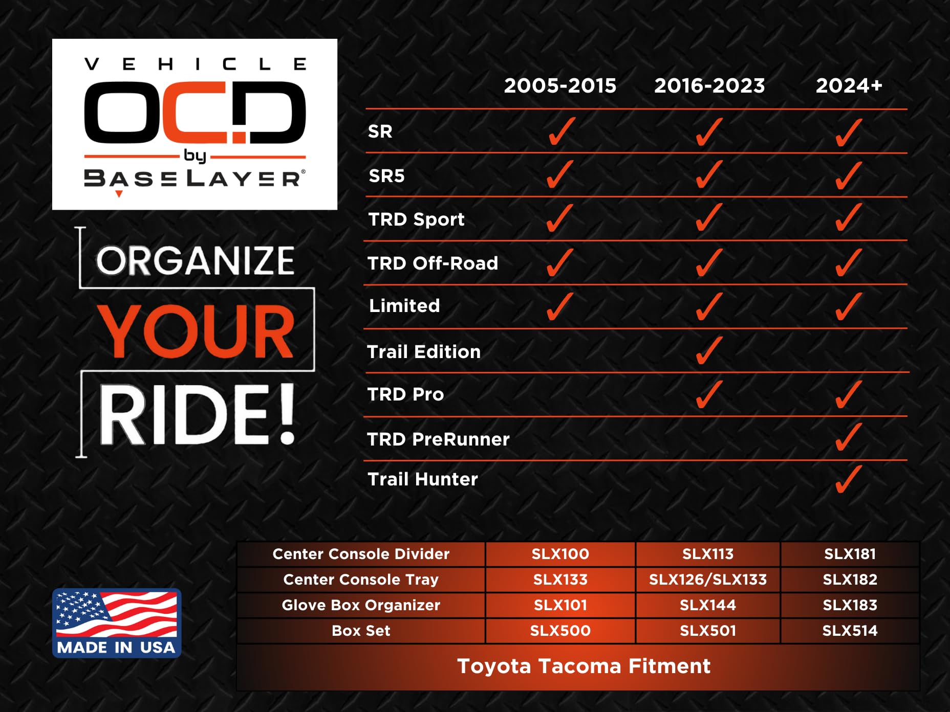 Vehicle Ocd - Glove Box Organizer For Toyota Tacoma (2024-2025) - Made In Usa - Slx183