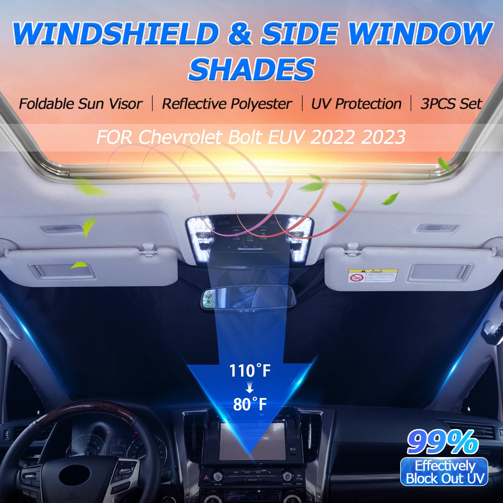 Karltys 3Pcs Windshield Sun Shade For 2022-2025 Chevy Bolt Euv (Not For Bolt Ev), Front And Side Window Sunshade Cover Custom Fi