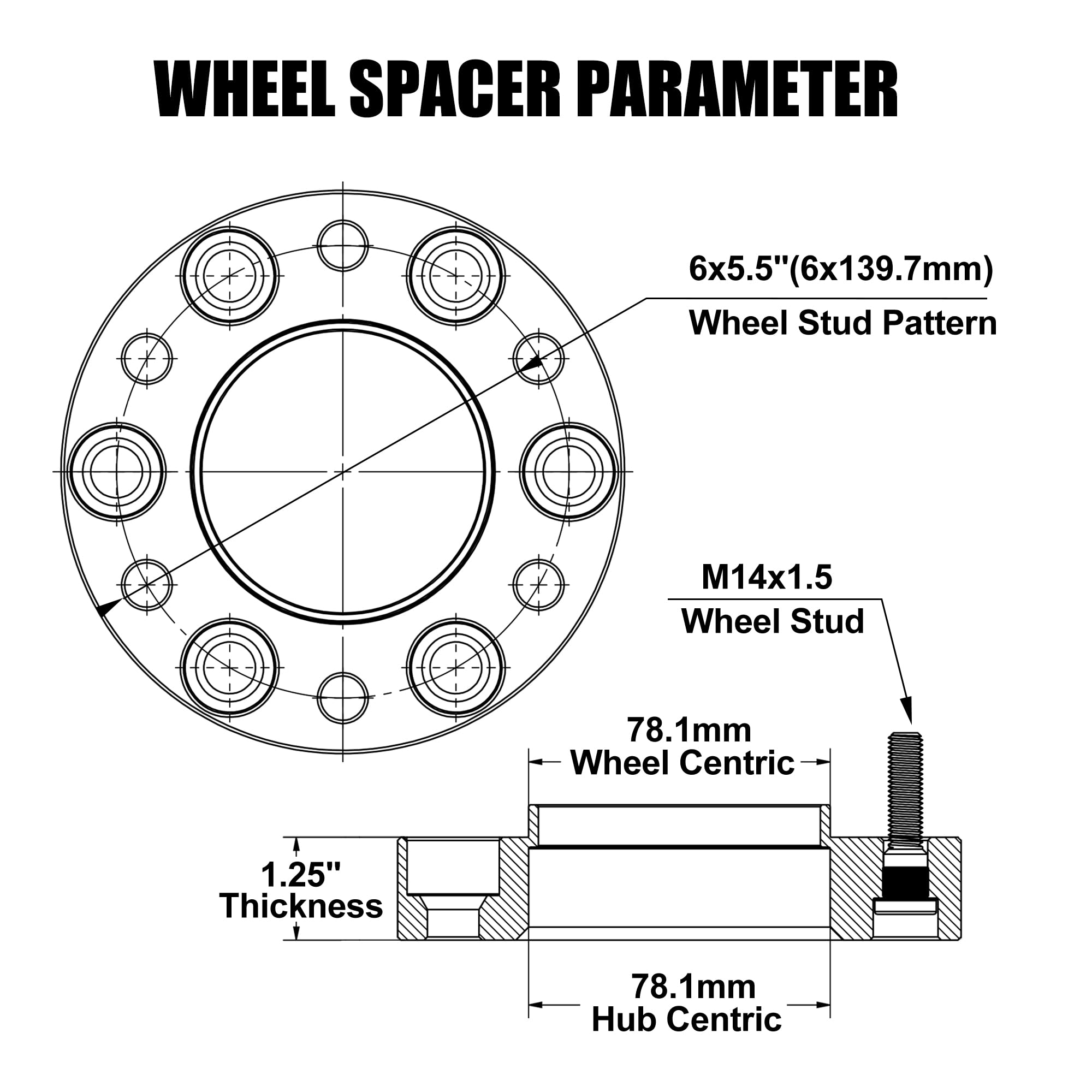 6 Lug 6x5.5 Hubcentric Wheel Spacers for 1999-2025 Chevy Silverado 1500, 1.25 inch 6x139.7mm Forged Wheel Spacers 14x1.5 Studs &