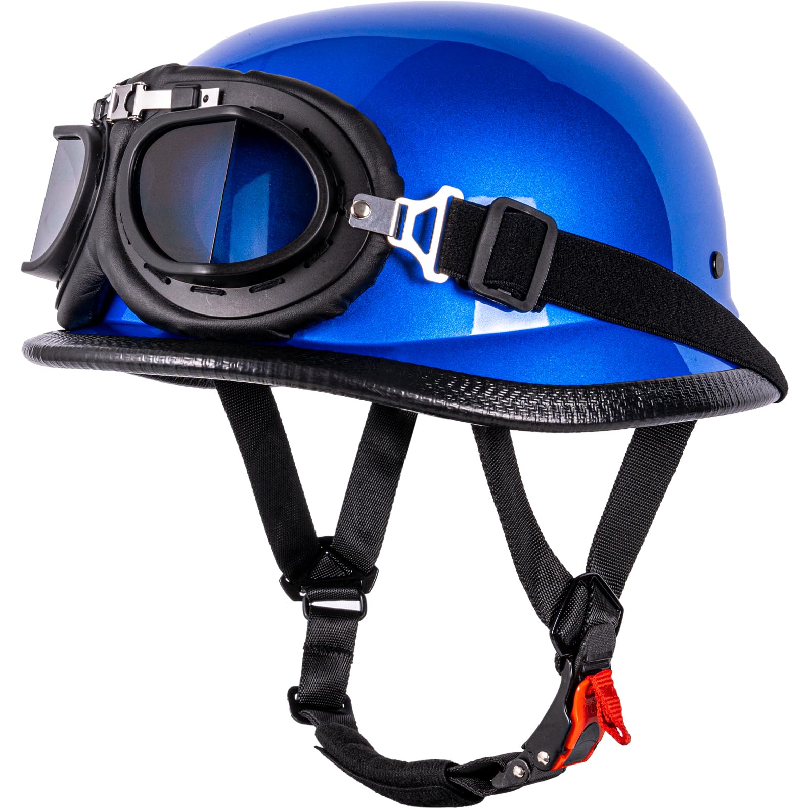 Yesmotor Helmet Half Shell German Motorcycle Helmet With Cycling Glasses - Dot Approved (Xx-Large, Blue & Black Goggles)