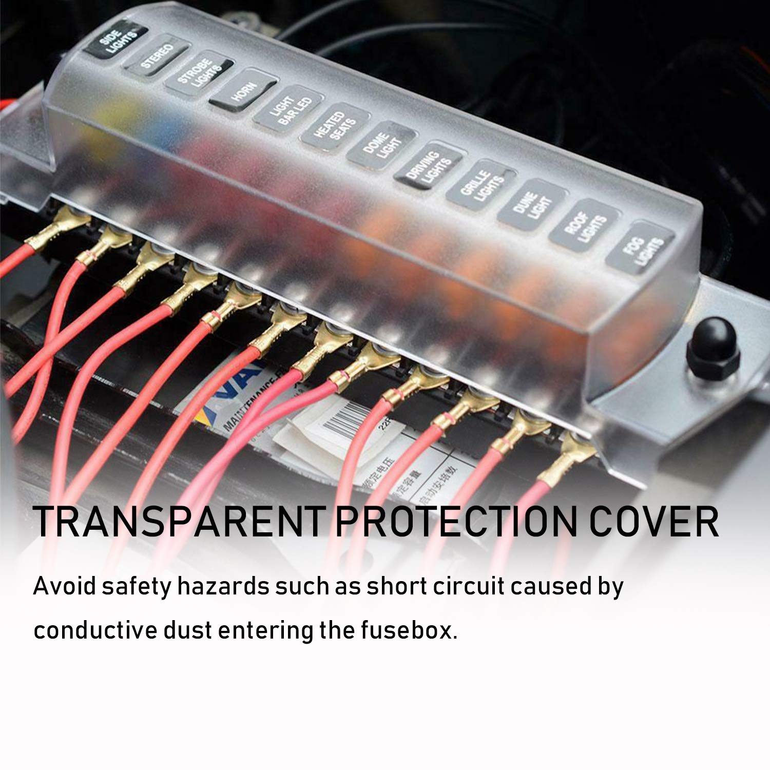 PSEQT 12 Way Blade Fuse Block - Waterproof ATC/ATO Fuse Box for Marine, Automotive, RV, Truck - Environmentally Friendly PBT, Clear PC Cover