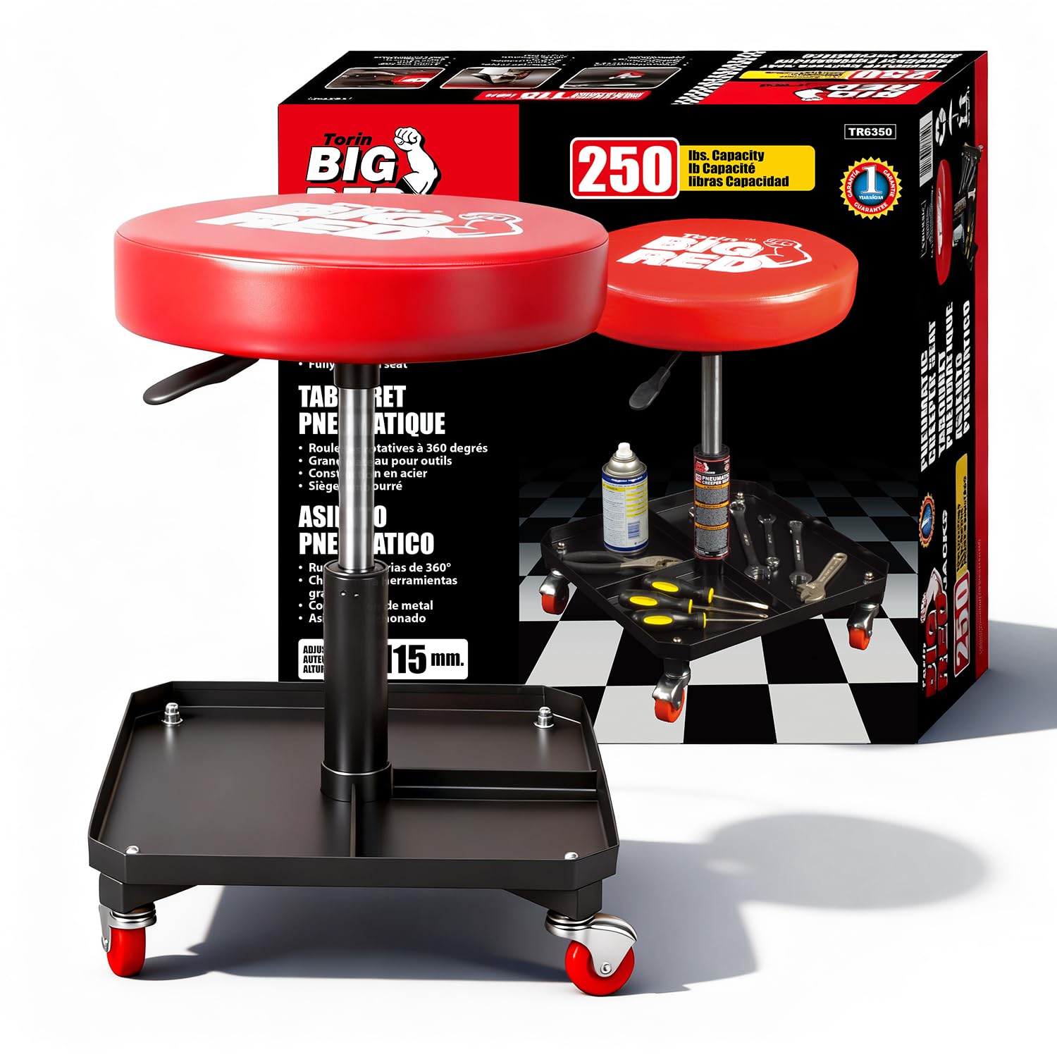 Big RED Rolling Mechanic Stool with Tool Tray, Pneumatic Garage Seat, Adjustable Height Form 17-22,Storage Workshop Chair for Au