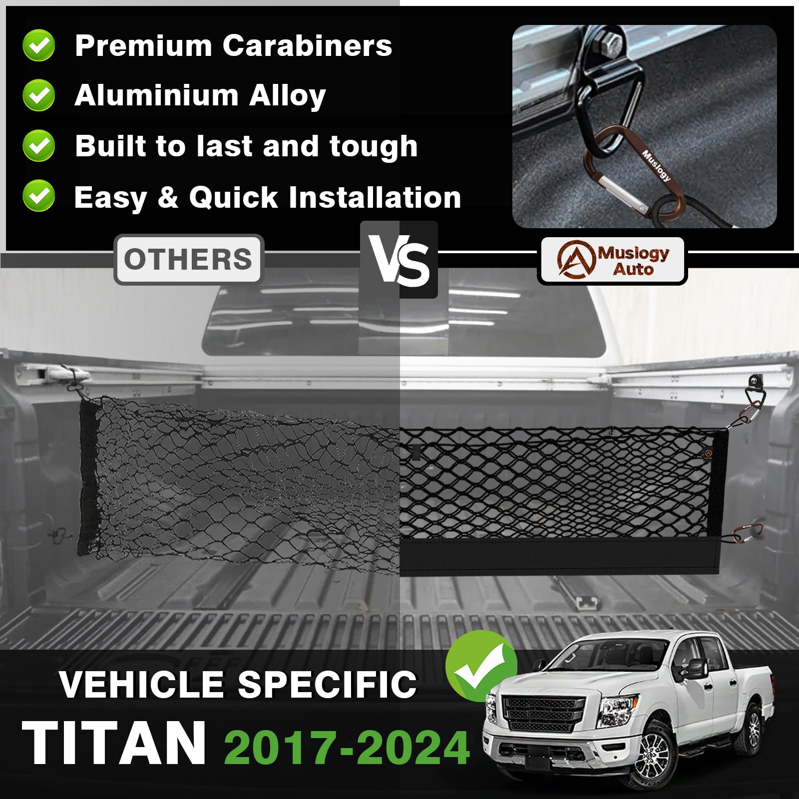 Muslogy Truck Bed Cargo Net for Nissan Titan 2017-2025, Black, Heavy Duty with Carabiners, Envelope Style Storage Organizer