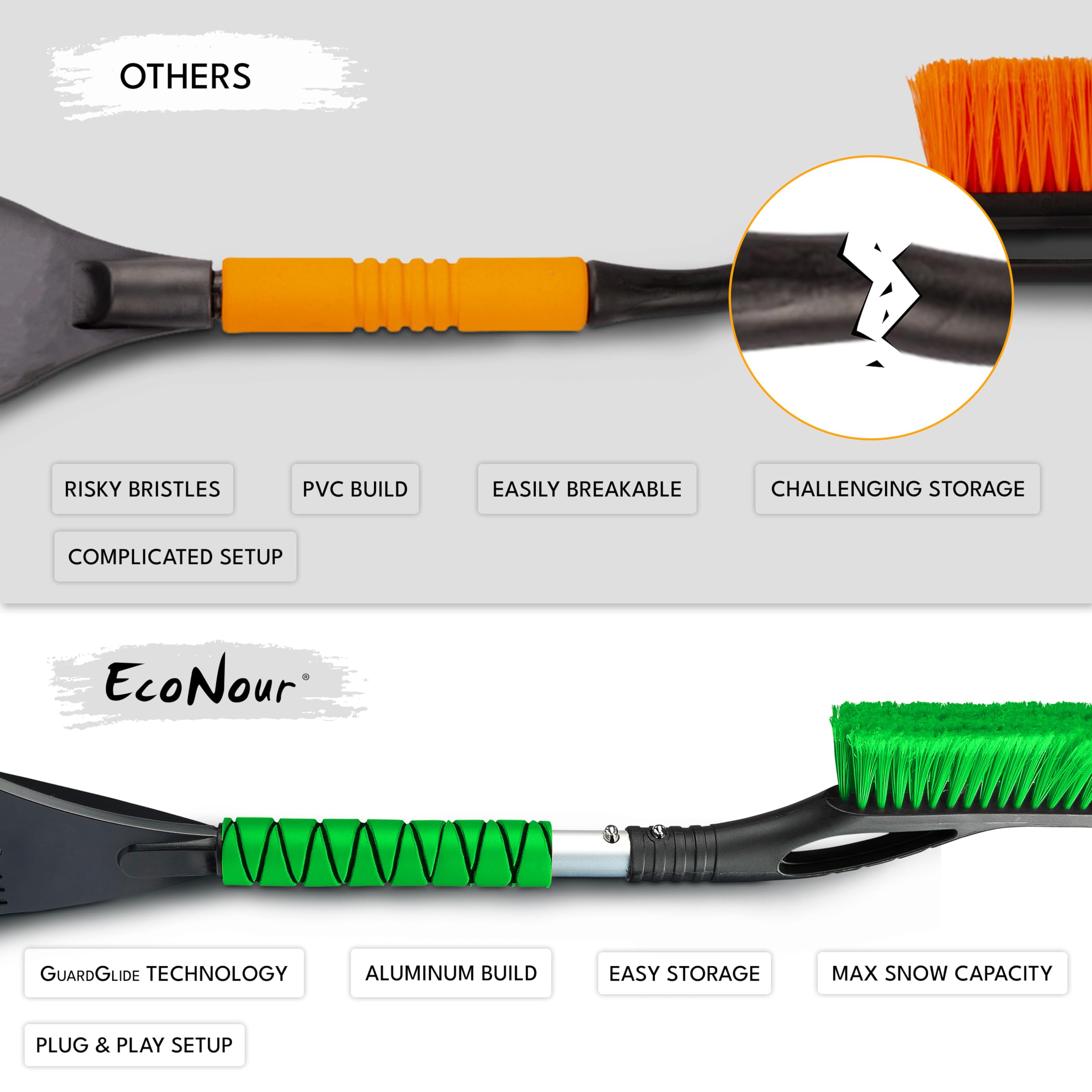 Econour 27'' Aluminum Car Snow Scraper And Brush (Orange, Red, Green & Blue) | Weaved Bristle Head With Metal Body Ice Scraper F