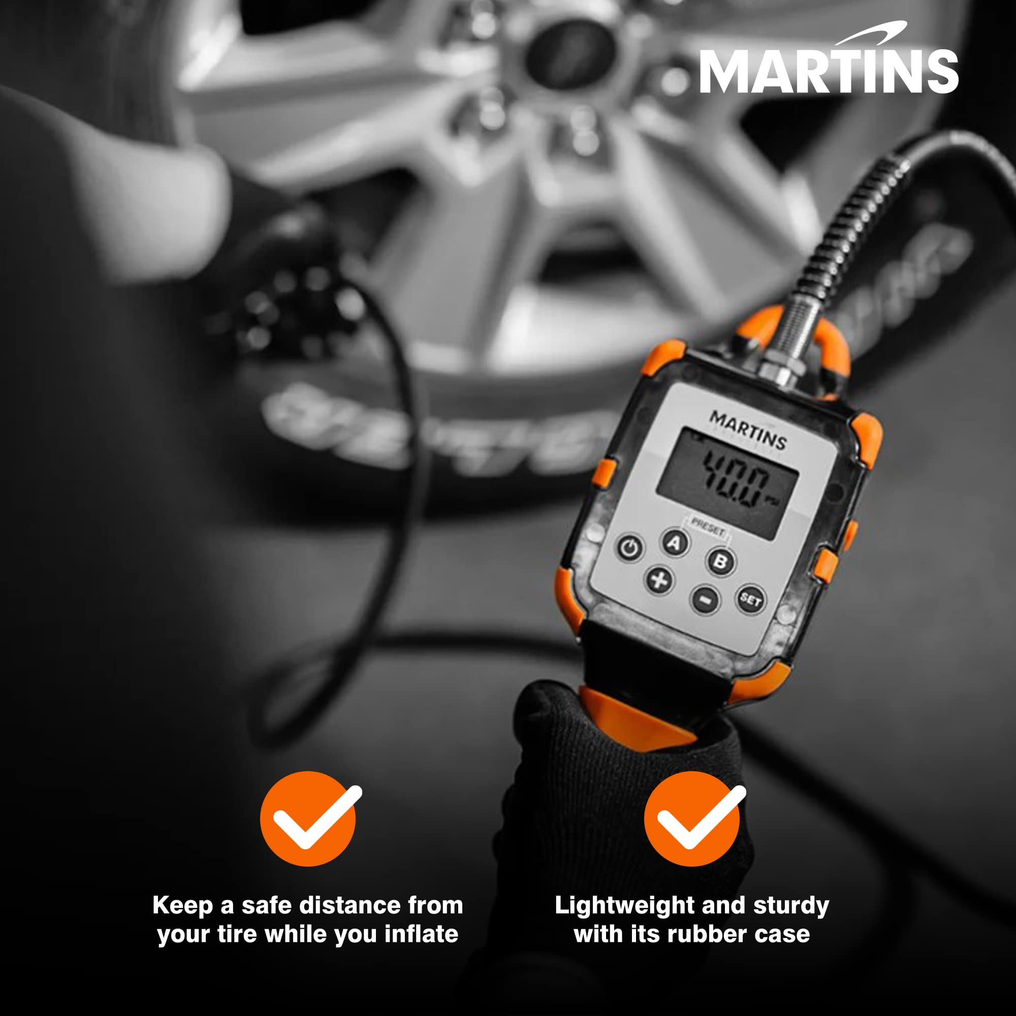 Martins Industries Flatematic Handheld Tire Inflator - 174 PSI, Automatic Inflate/Deflate, Rechargeable Lithium-ion Battery, Model MHA-100