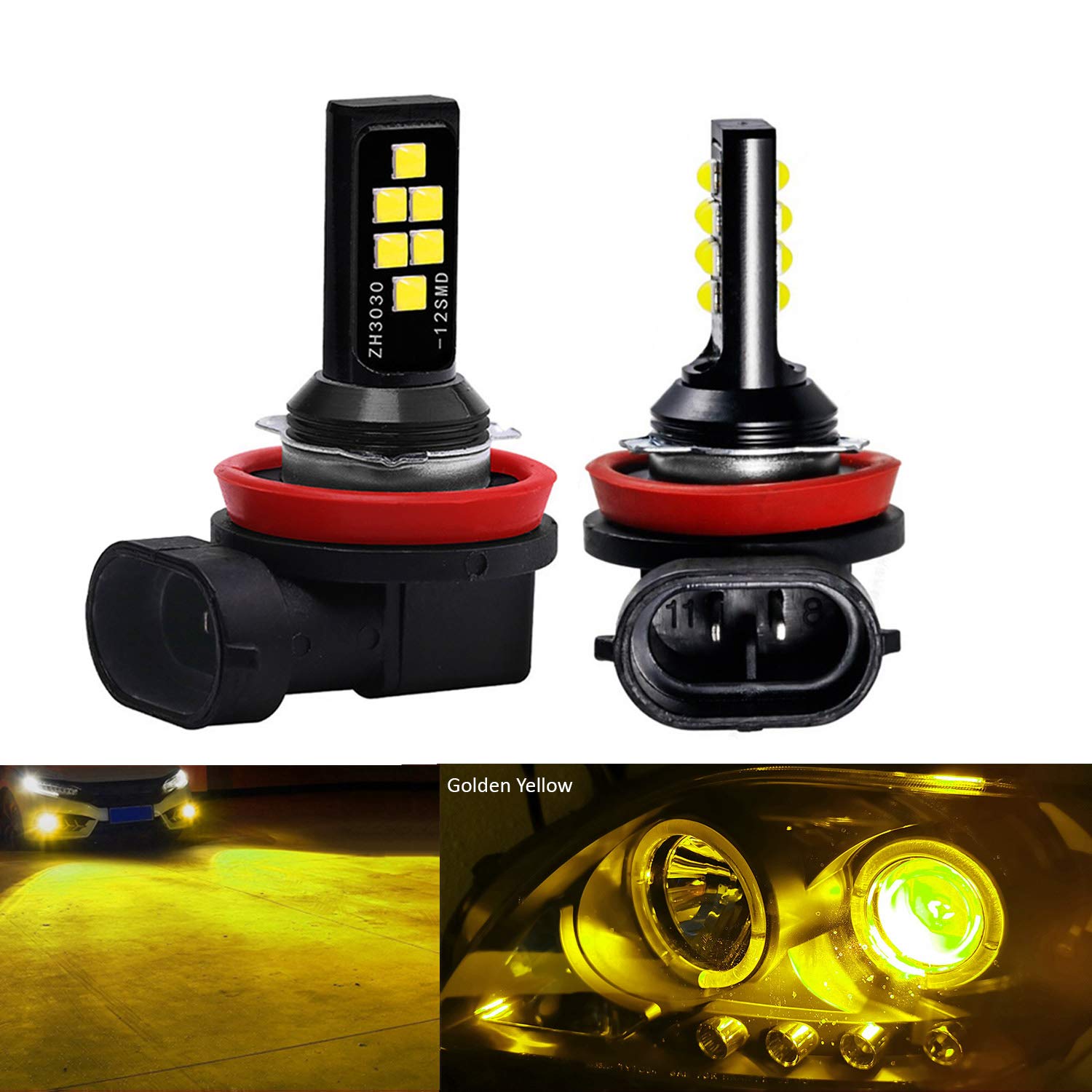 SOCAL-LED LIGHTING 2x H11 H8 LED Fog Light Bulb for Powersports Advanced 3030 SMD Bright Colorful Daytime Running DRL Lamp, Gold