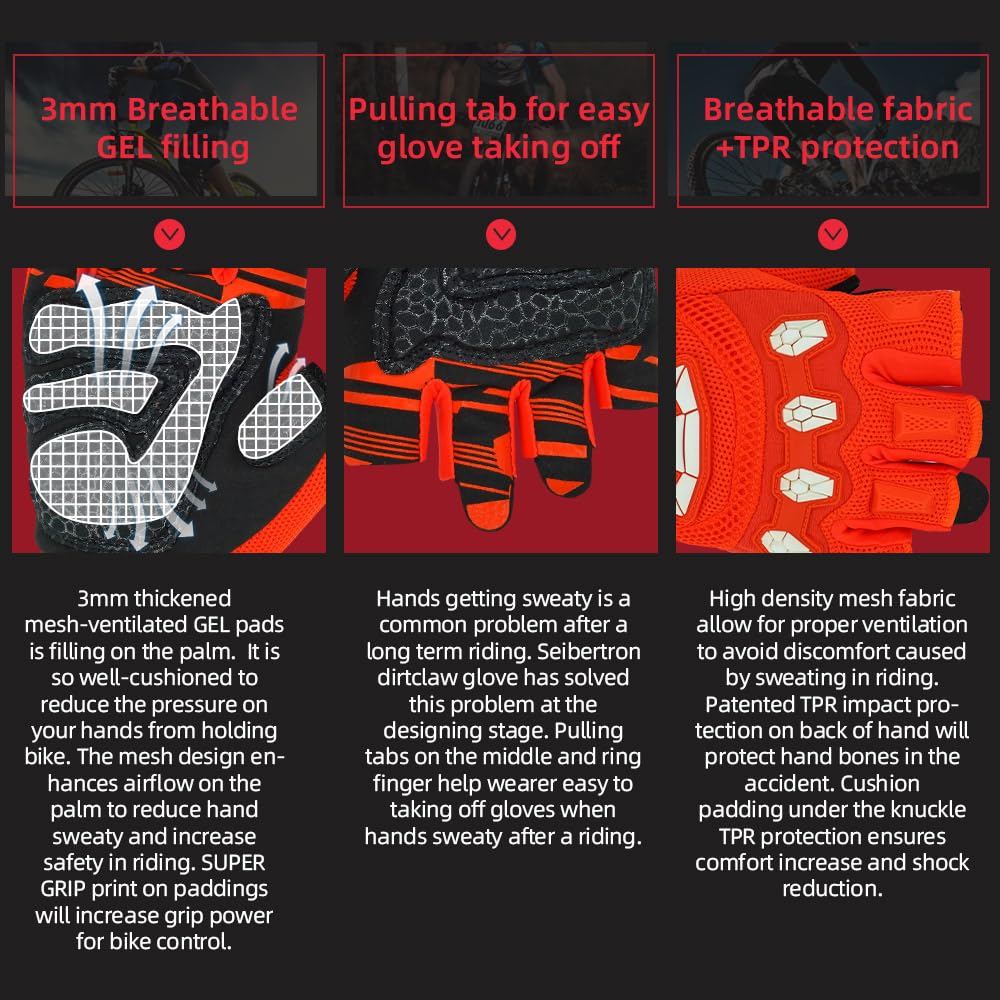 Seibertron Adult Dirtclaw Gloves - Motorcycle Motocross Sports Gloves For Ultimate Grip And Protection Fluo Orange S