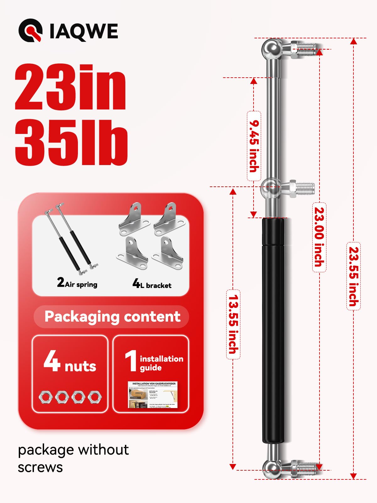 IAQWE Gas Struts for Heavy Lid - 23 Inch, 200Lbs, Alloy Steel, Black, Model 746827178750, 2 Pcs DIY Lift Shocks Kit with