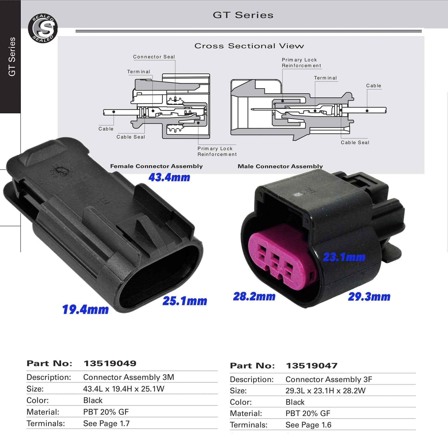 Aptiv 3-Pin GT 150 Sealed Connector Set, 18-20 GA, Up to 15 Amps, Durable PBT Material