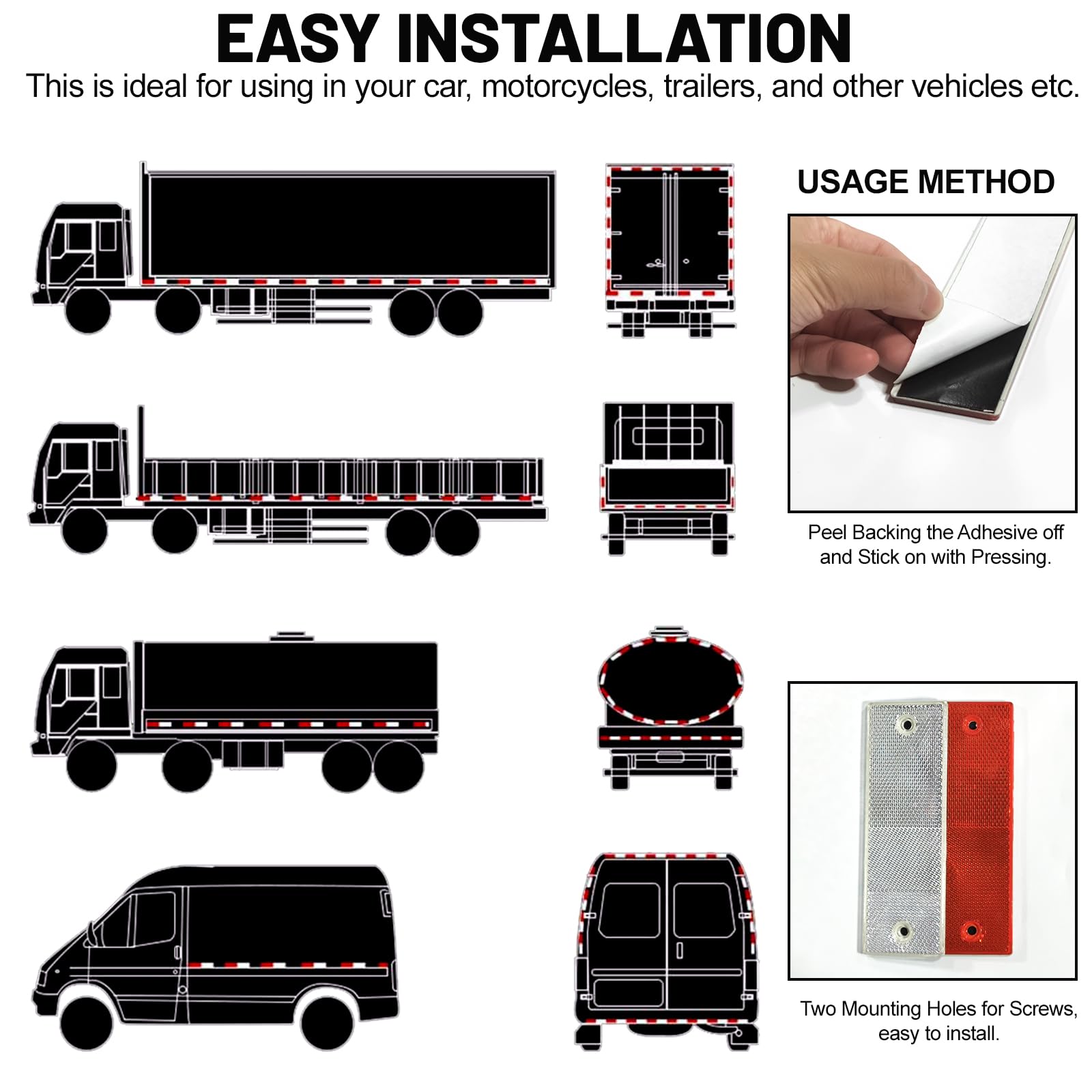 Tutudow Waterproof Self-Adhesive Car Truck Safety Reflective Strips, Hazard Warning Stickers, For Rvs, Cars, Trucks, Road Signs (Red/White) - Pack Of 16