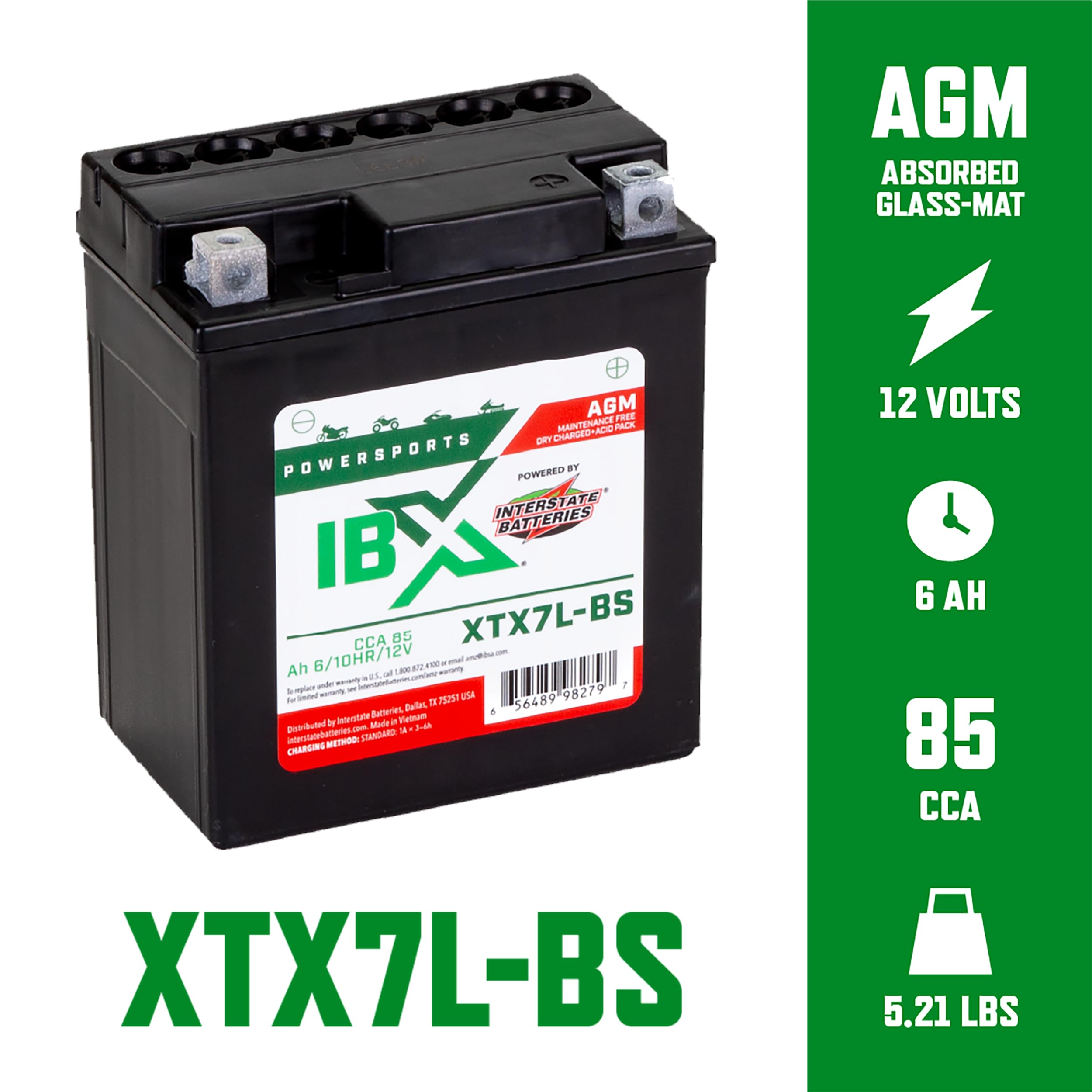 Interstate Batteries YTX7L-BS 12V 6Ah AGM Powersports Battery - 85CCA Replacement for Honda, Suzuki, Piaggio Motorcycles, ATVs, and Scooters