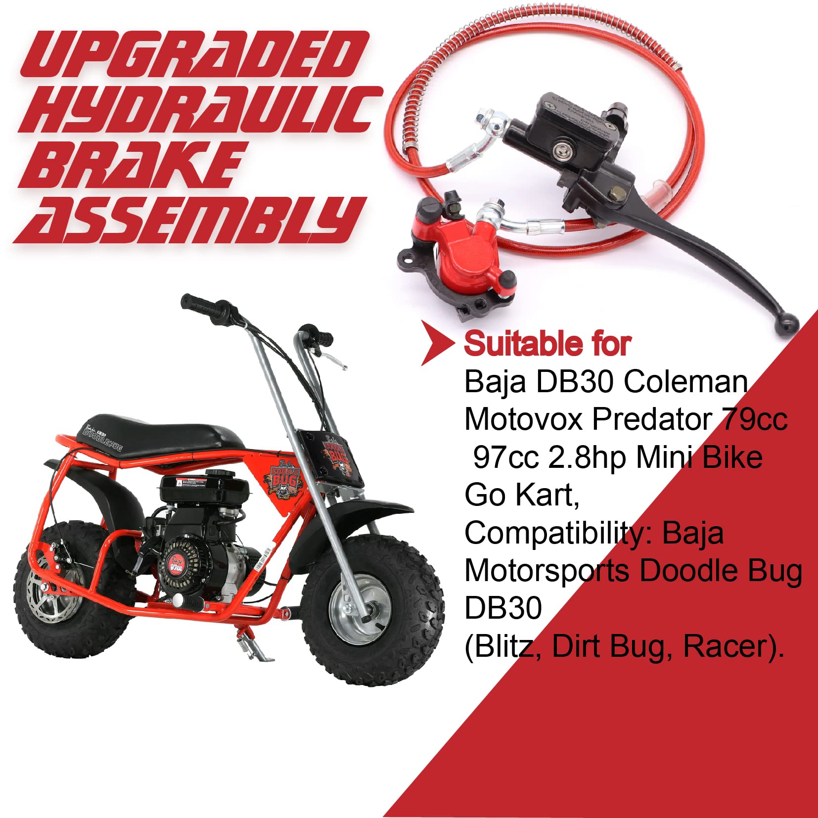Upgraded mini bike brake kit Hydraulic Brake Assembly the Left Of The 7/8'' Handlebars 50 inch Hose Tube Master Cylinder Caliper