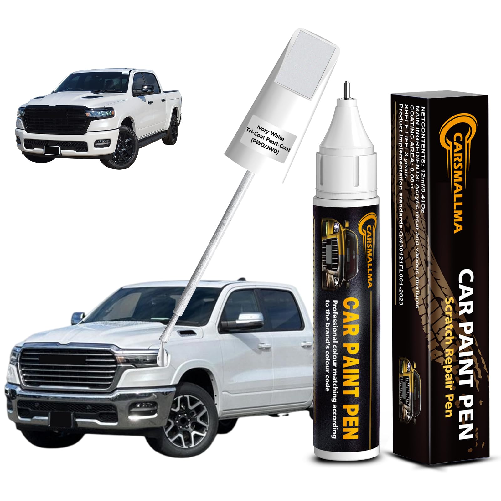 carsmallma Ivory White Tri-Coat Pearl-Coat(PWD/JWD) Car Touch Up Paint for Ram, Color Accurate Car Paint Scratch Repair Pen Kit 