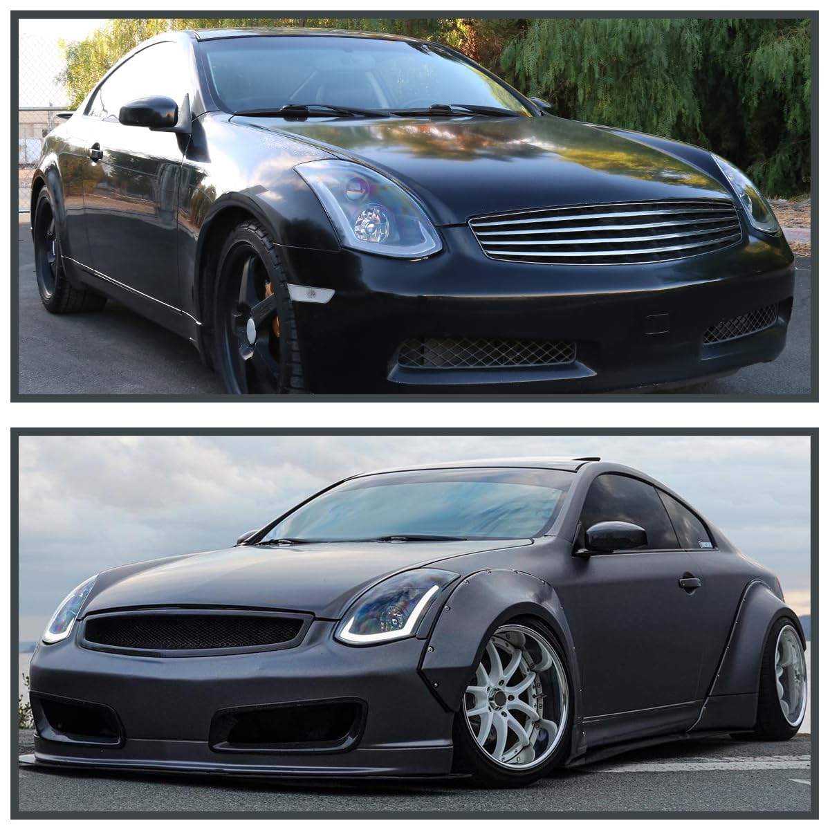 SPEC-D Tuning LED Strip Projector Headlights Black for 2003-2007 Infiniti G35 Coupe, Left + Right Pair, Clear Lens