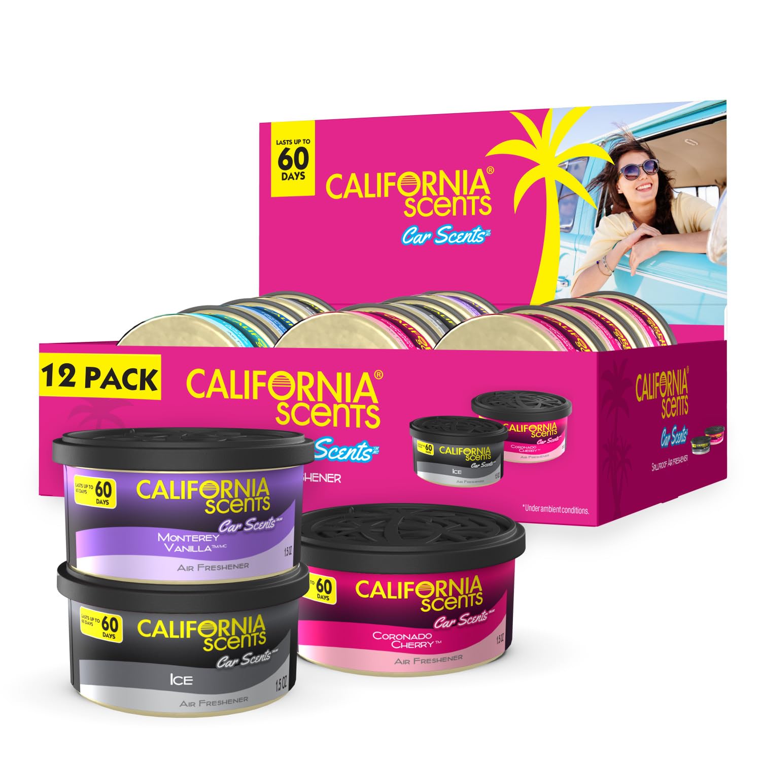 California Scents Can Air Freshener And Odor Neutralizer, Set Of 12 Spillproof Cans For Home And Car, Assorted Scents, 1.5 Oz Ea