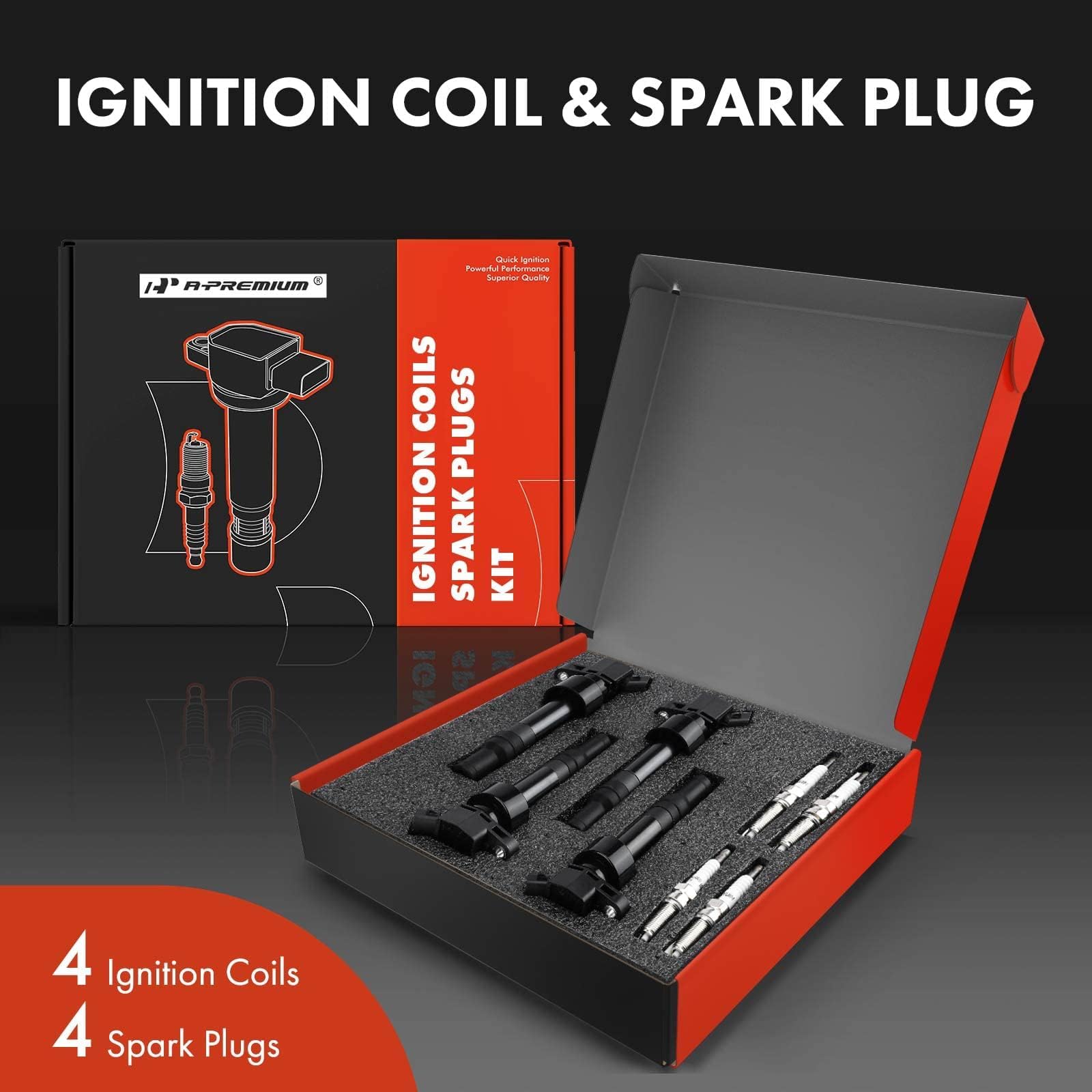 A-Premium Ignition Coil Pack & Iridium Spark Plugs Set for Hyundai & Kia, 1.6L, Black, Model APIC0622, Compatible 2012-2019