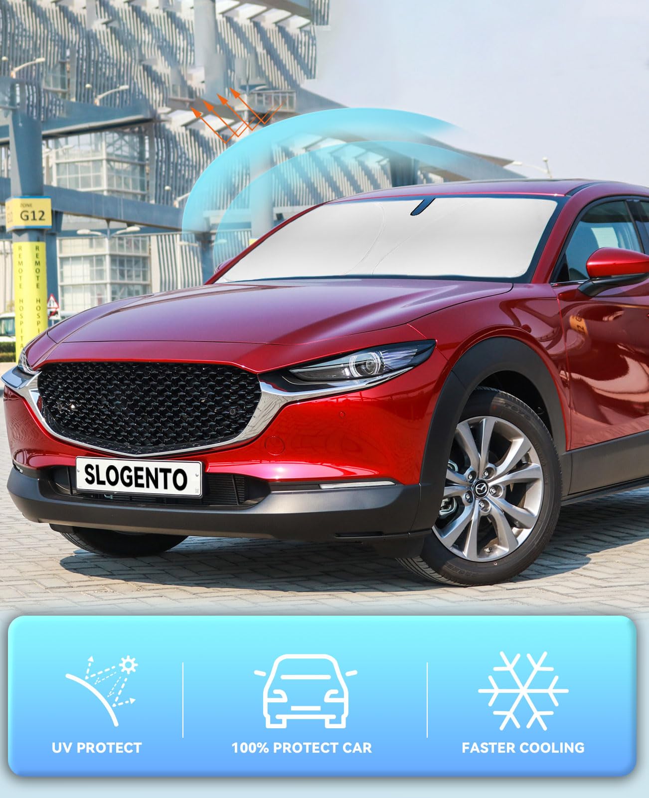 SLOGENTO Car Windshield Sun Shade - Insulation Layer, Silver 240T Reflective Polyester, Fits 2019-2026 Mazda CX-30, Blocks UV Rays