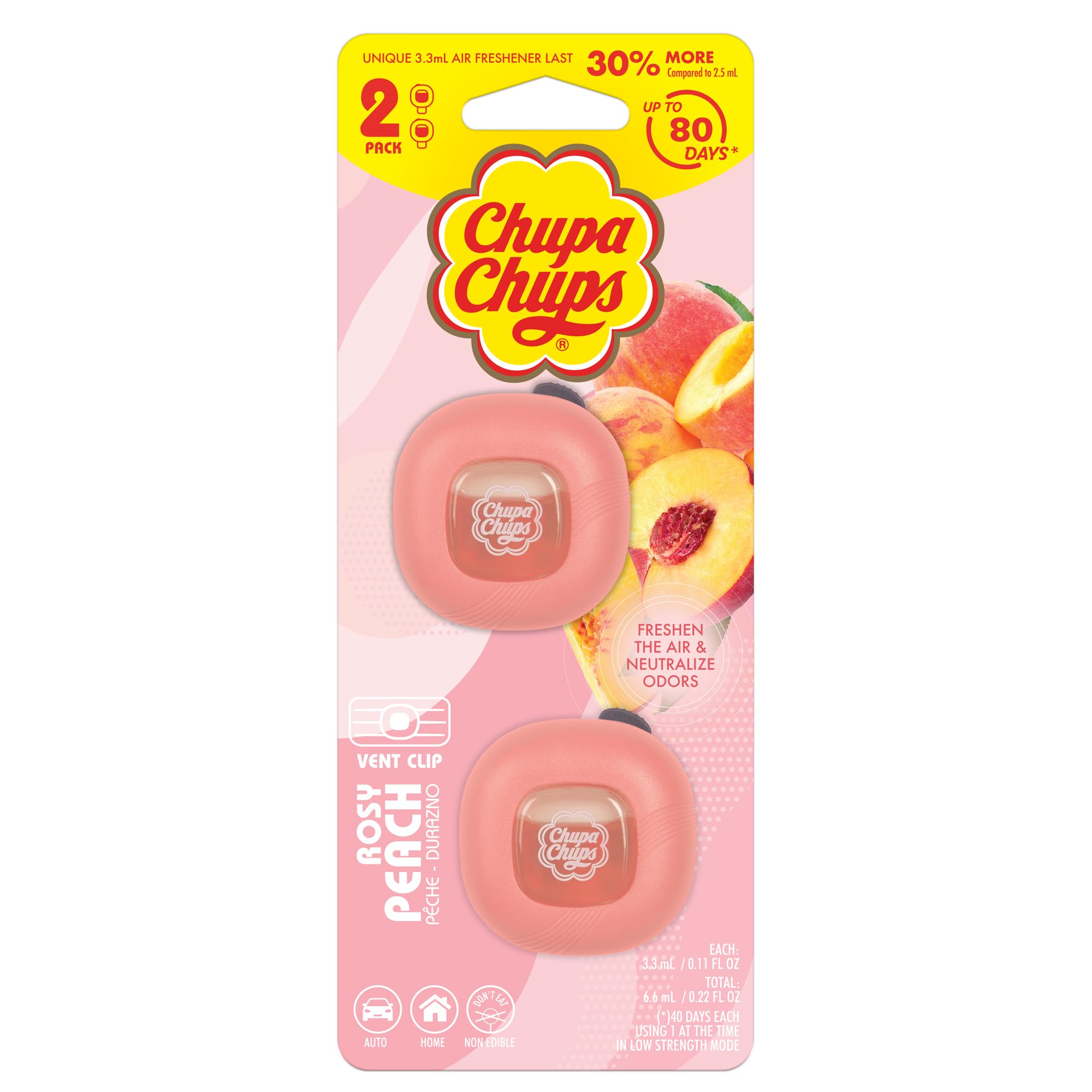 Chupa Chups Rosy Peach Air Freshener - Long Lasting Fun Scents, Colorful Car Freshener - 1-Pack (2pcs Total)