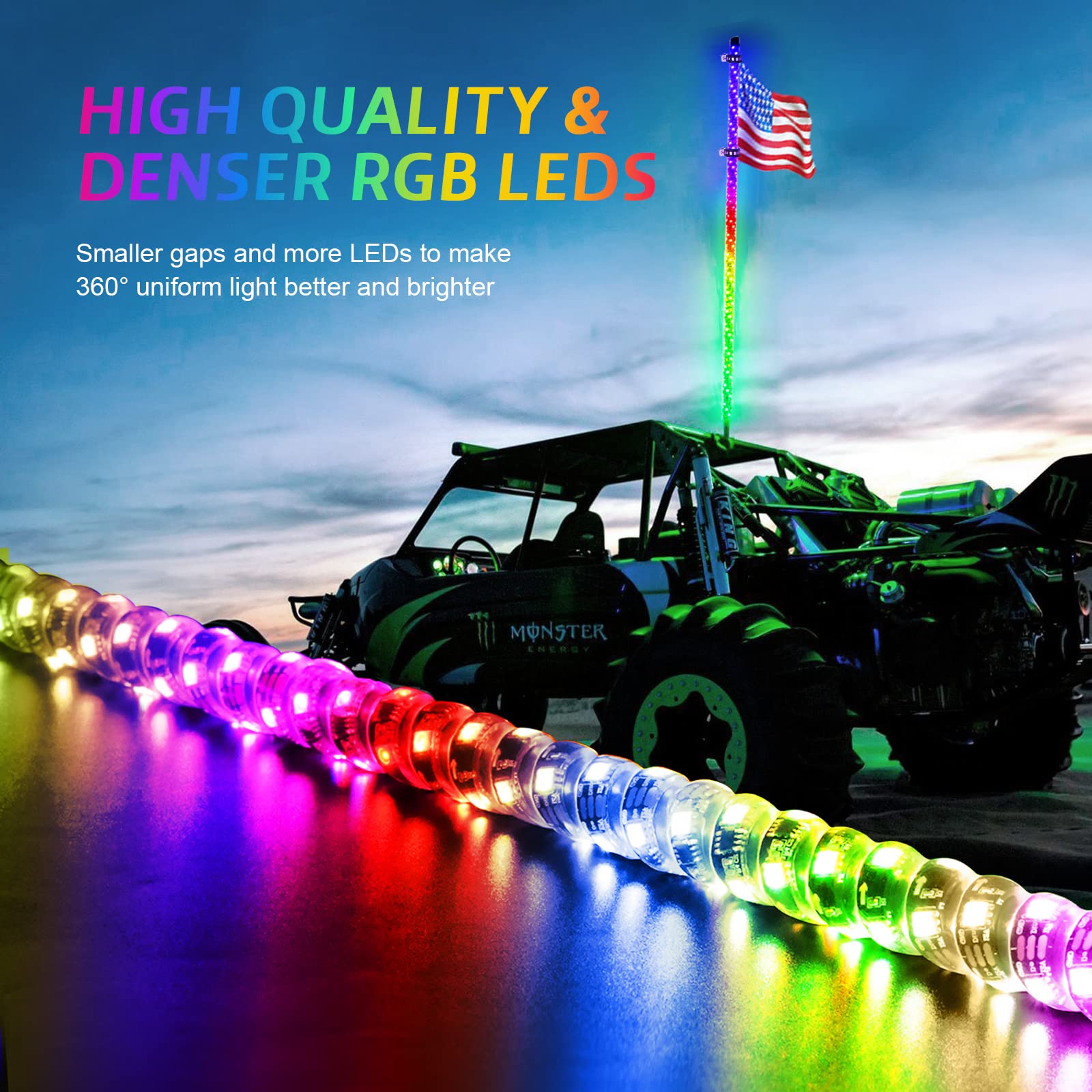 Ehaho 1 Pack 3Ft Whip Lights,Led Whip Light With App & Remote Control, Spiral Rgb Chasing Lighted Whips With Rocker Switch, Musi