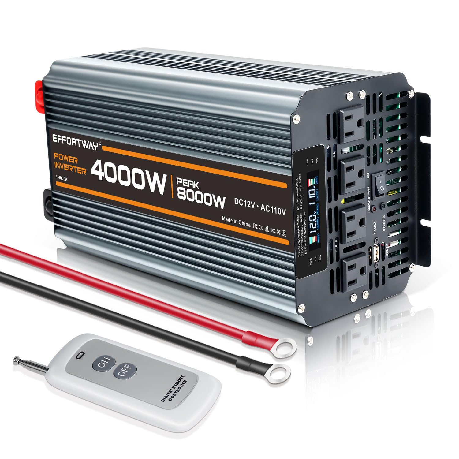 4000w Power Inverter DC 12V to AC 110V/120V Converter with 8000w Peak.Comes with LCD Display, Wireless Controller,4AC outlets 1U