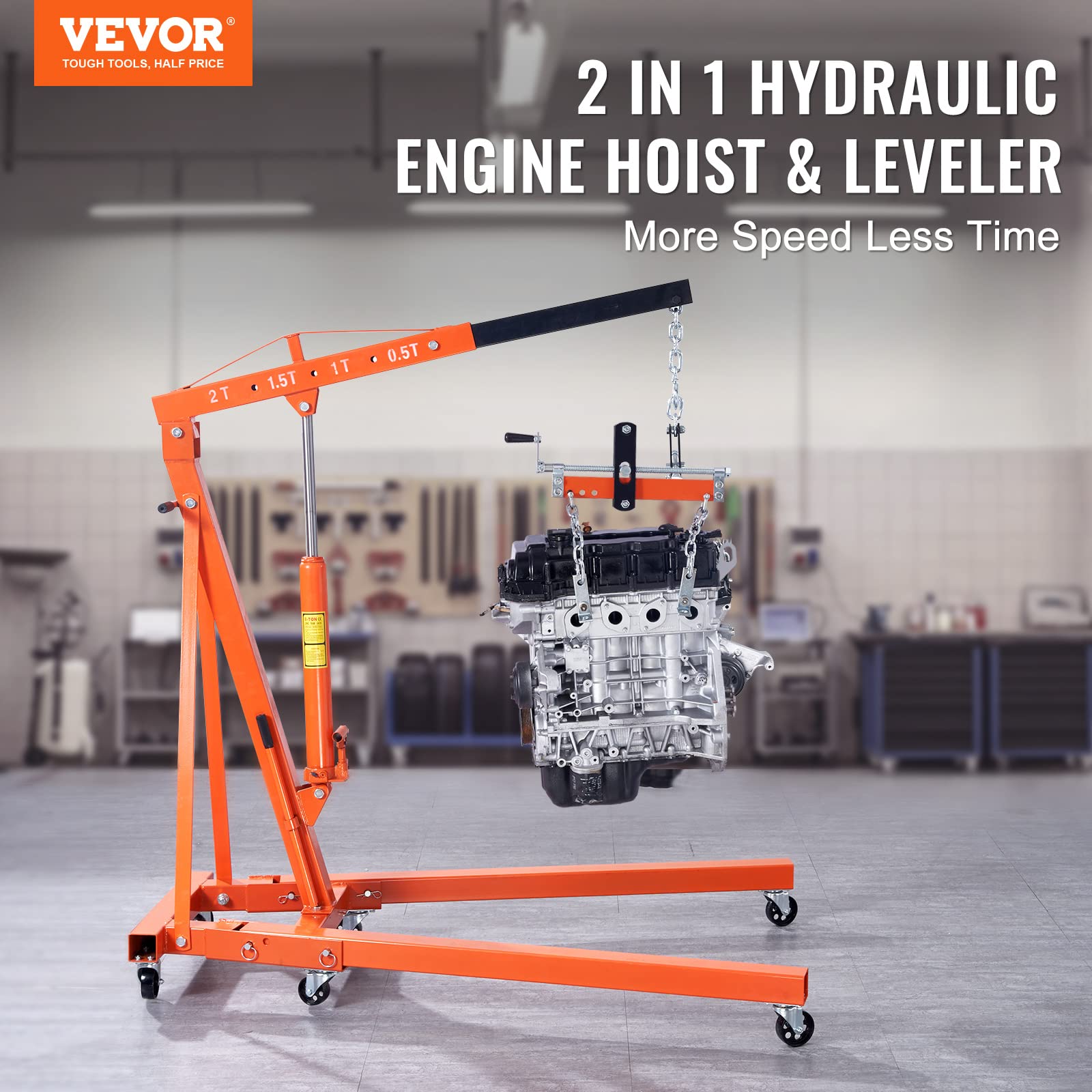 Vevor Engine Hoist With Lever, 2 Ton Folding Cherry Picker Shop Crane Hoist Lift, Heavy Duty Hydraulic Engine Crane With 6 Casters, Engine Hoist Lever For Engine Lifting Loading (4400 Lbs)