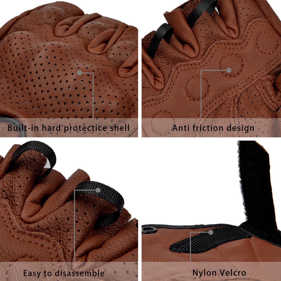 Harssidanzar Men's Motorcycle Gloves Leather Perforated Motorbike Riding Driving Gloves CM044US, Saddle, Size Medium