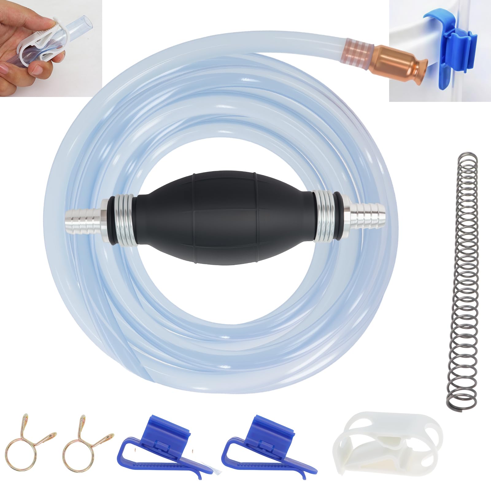 Siphon Hose for Gasoline Kit, Hand Siphon with 8 Ft 5/8 Hose, Rubber Pump, Anti-Kink Spring, Brass Jiggler and Shut-Off Clip, si