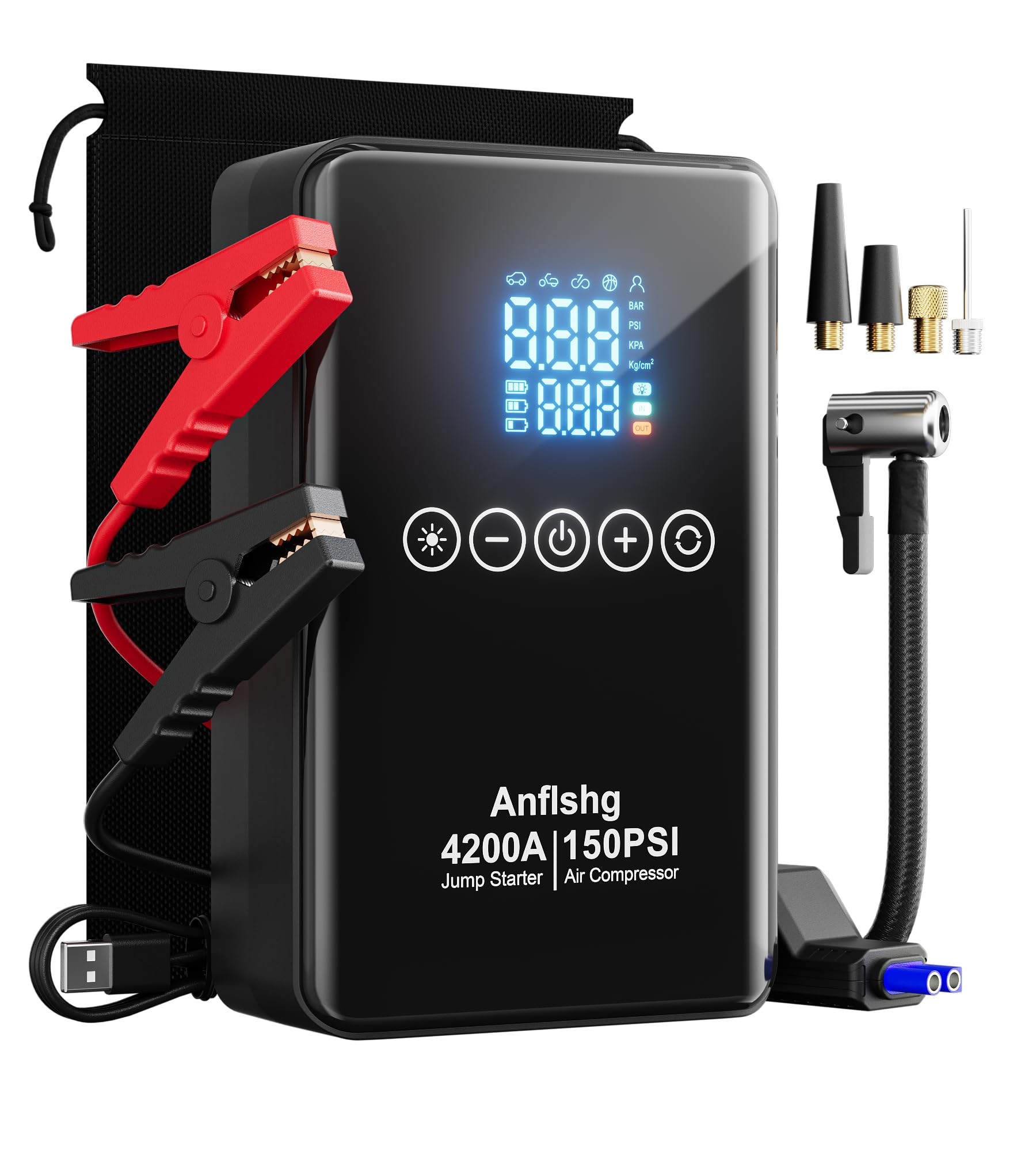 Anflshg Portable Car Battery Jump Starter with Air Compressor, 4200A 150 PSI Jump Box (All Gas/8L Diesel), 12V Jump Pack for Car