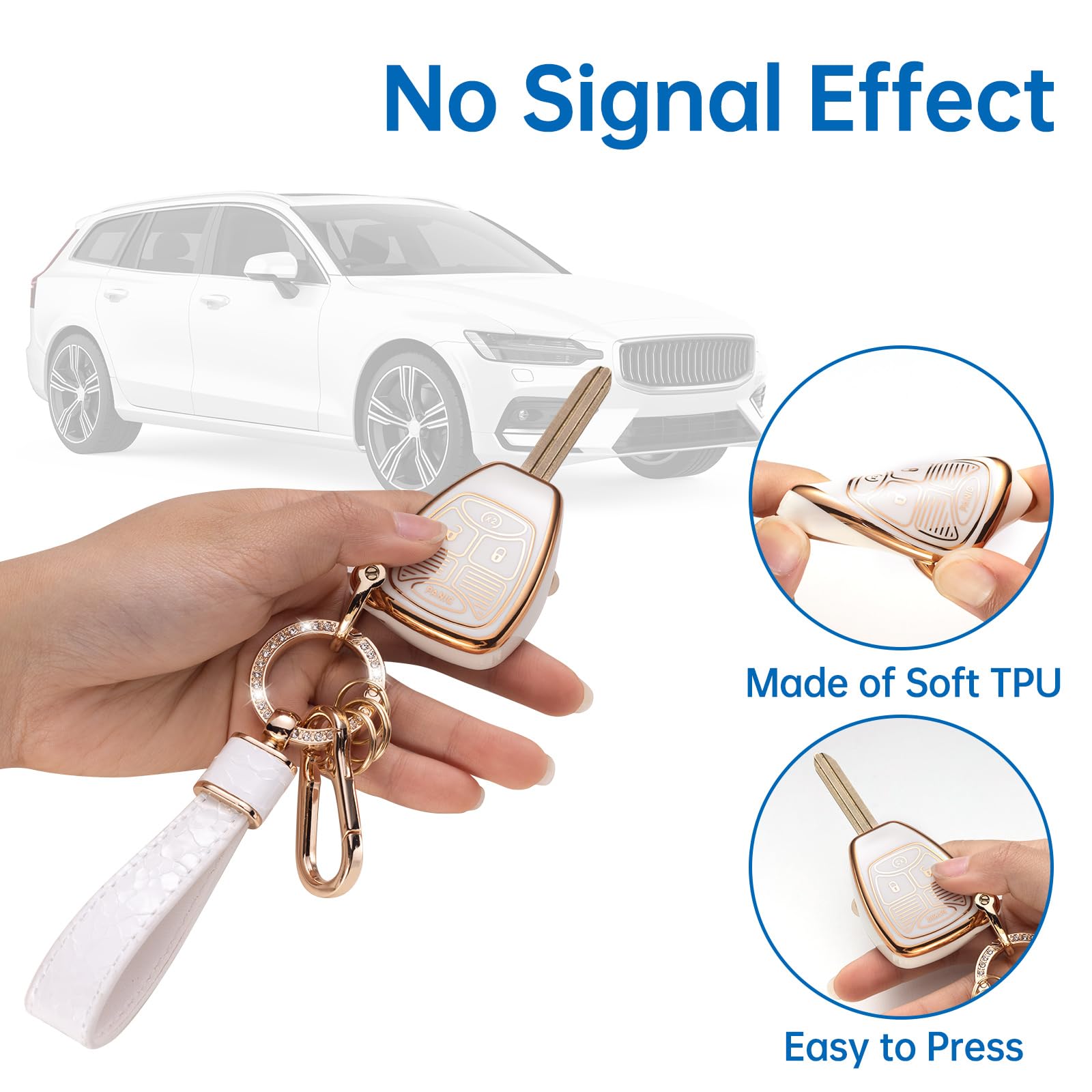 CACARLIKE Jeep Key Fob Cover with Keychain, TPU, White, 3x5x0.5 cm, Compatible with Wrangler 2007-2018/Durango 2007