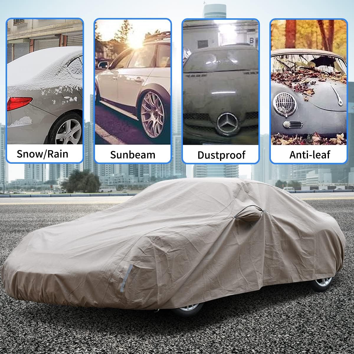 Tecoom Car Cover Waterproof All Weather,Non-Woven Breathable Outdoor Car Covers For Automobiles W/Zipper Pockets Sun Uv Wind Hai