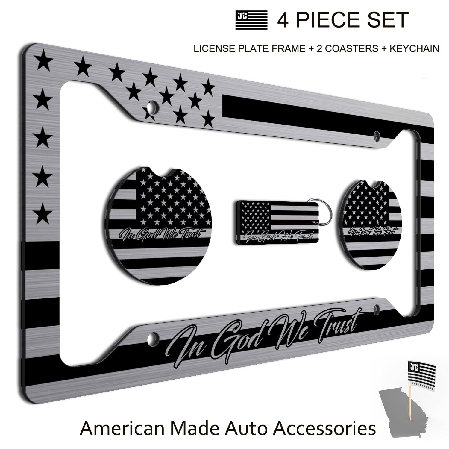 American Flag In God We Trust License Plate Frame + Coasters + Keychain - Perfect For God And Country Lovers - Tactical Patriot