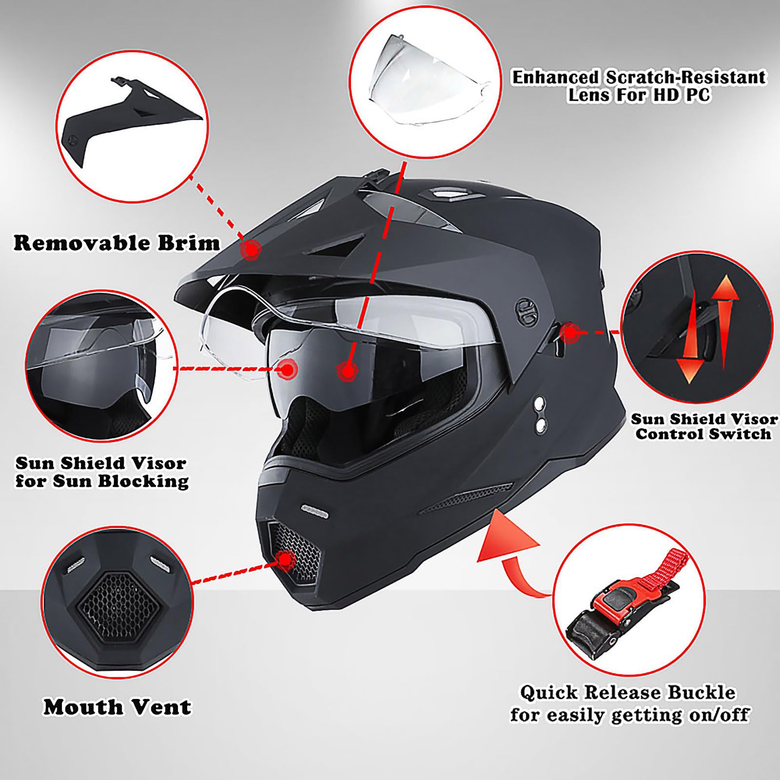 1Storm Youth Dual Sport Full Face Helmet HF802 - Large, Youth Matt Black, Plastic Construction
