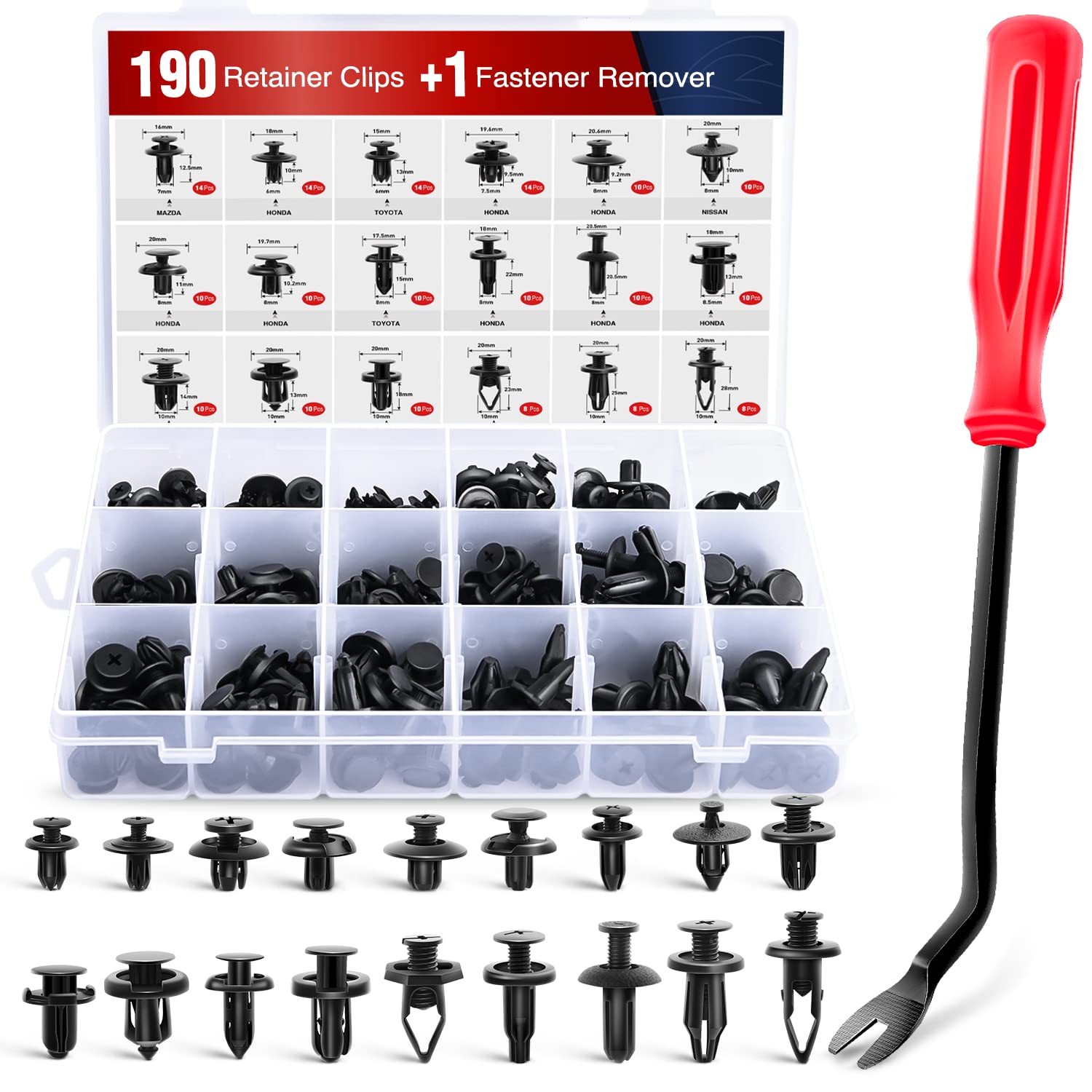 Nilight 190 Pcs Car Retainer Clips Fastener Remover 18 Most Popular Sizes Applications Auto Push Pin Rivets Set -Door Trim Panel