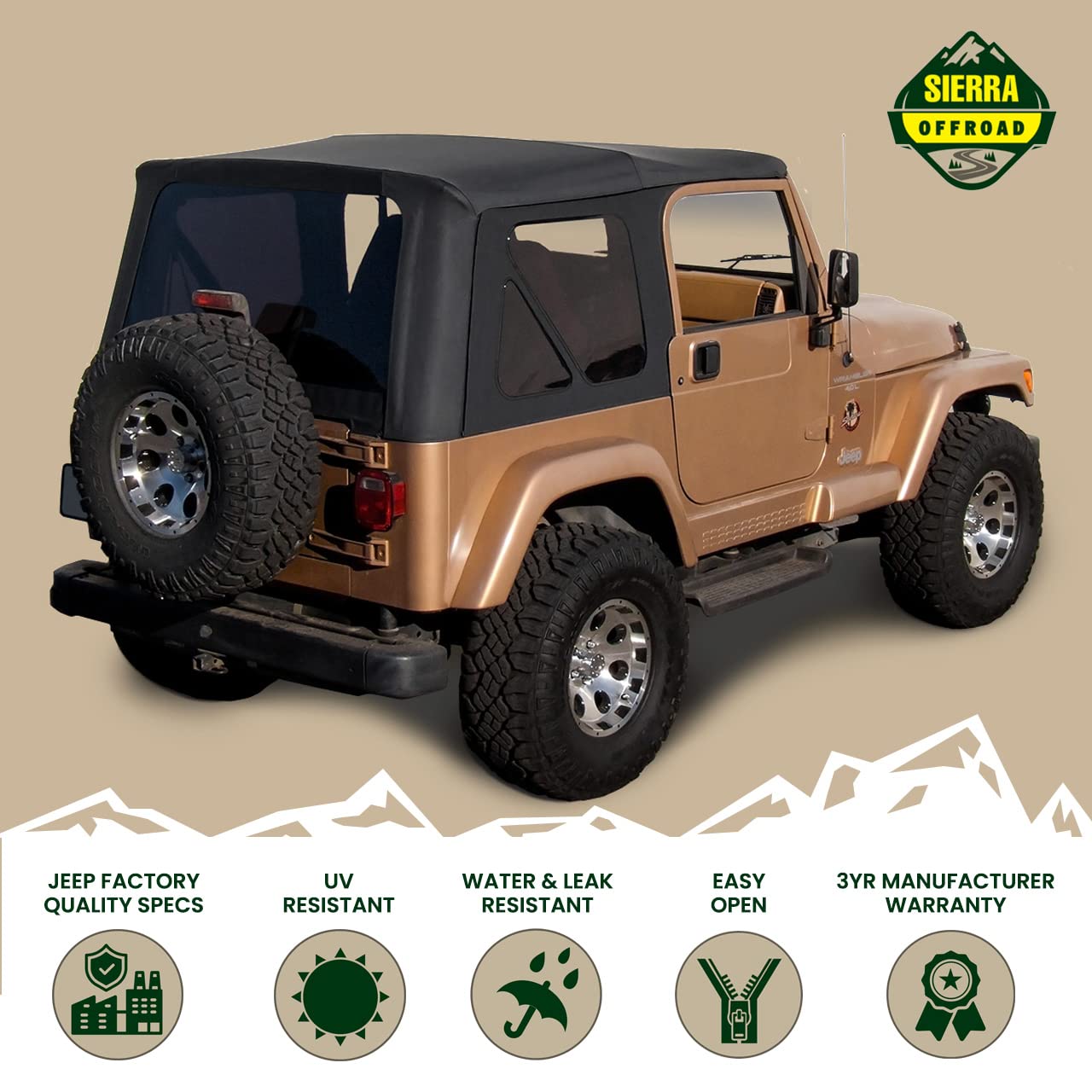 Sierra Offroad Soft Top for 97-06 Jeep Wrangler TJ, Black Denim, 2 Door, No Upper Door Skins, Factory Fit Replacement