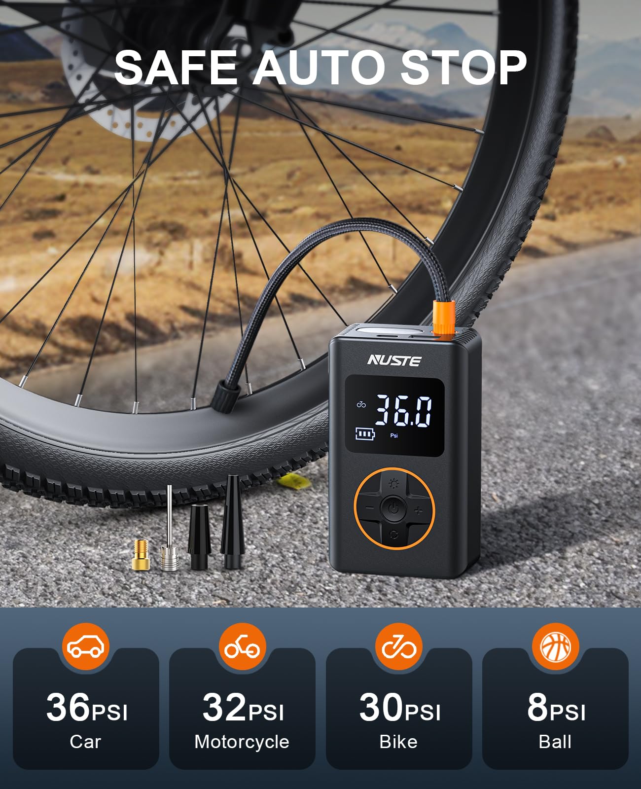 NUSTE Portable Tire Inflator Air Compressor, 150 PSI, Small, Orange, Model CZK-5646, with Dual Screen and LED Light