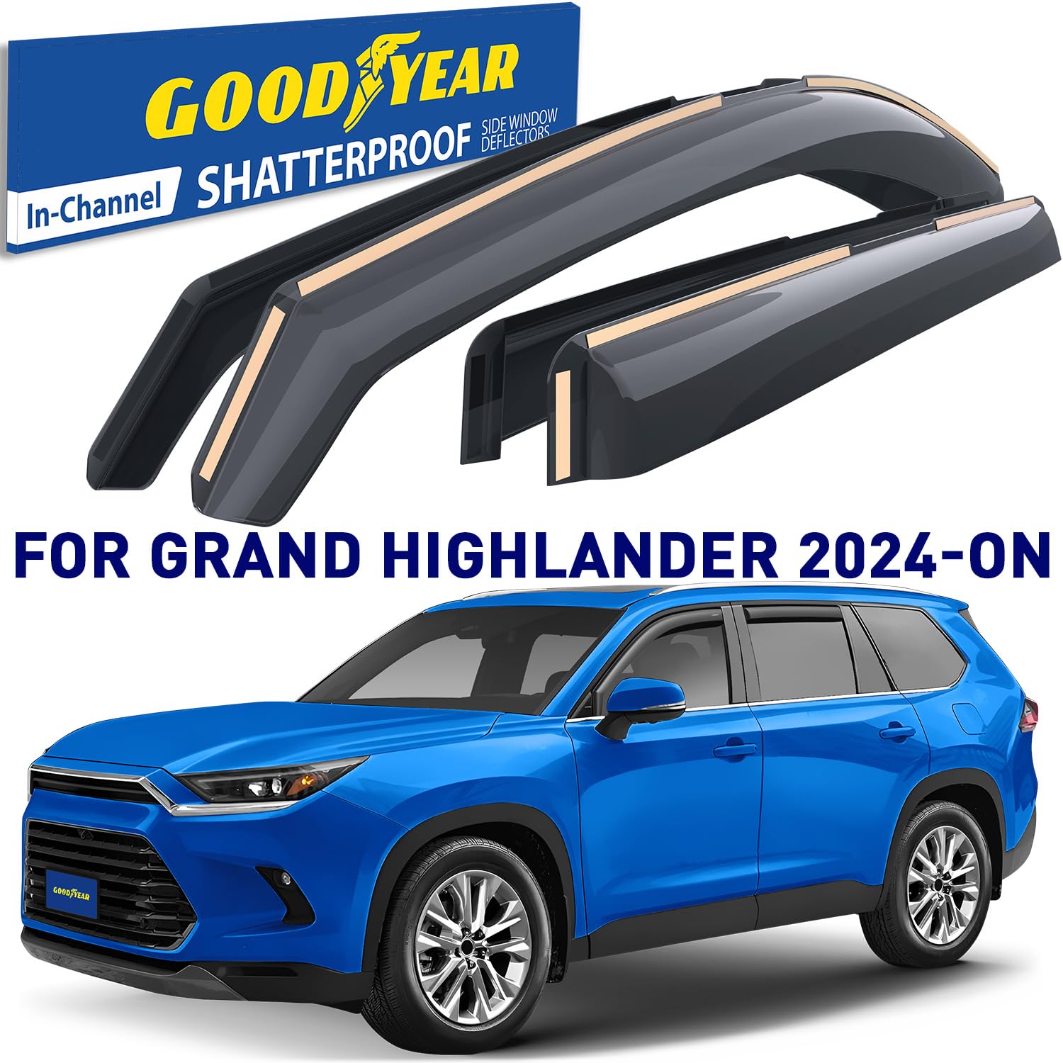Goodyear Shatterproof Window Deflectors for Toyota Grand Highlander 2024-2025, Polycarbonate, Rain Guards, 4 pcs - GY007994