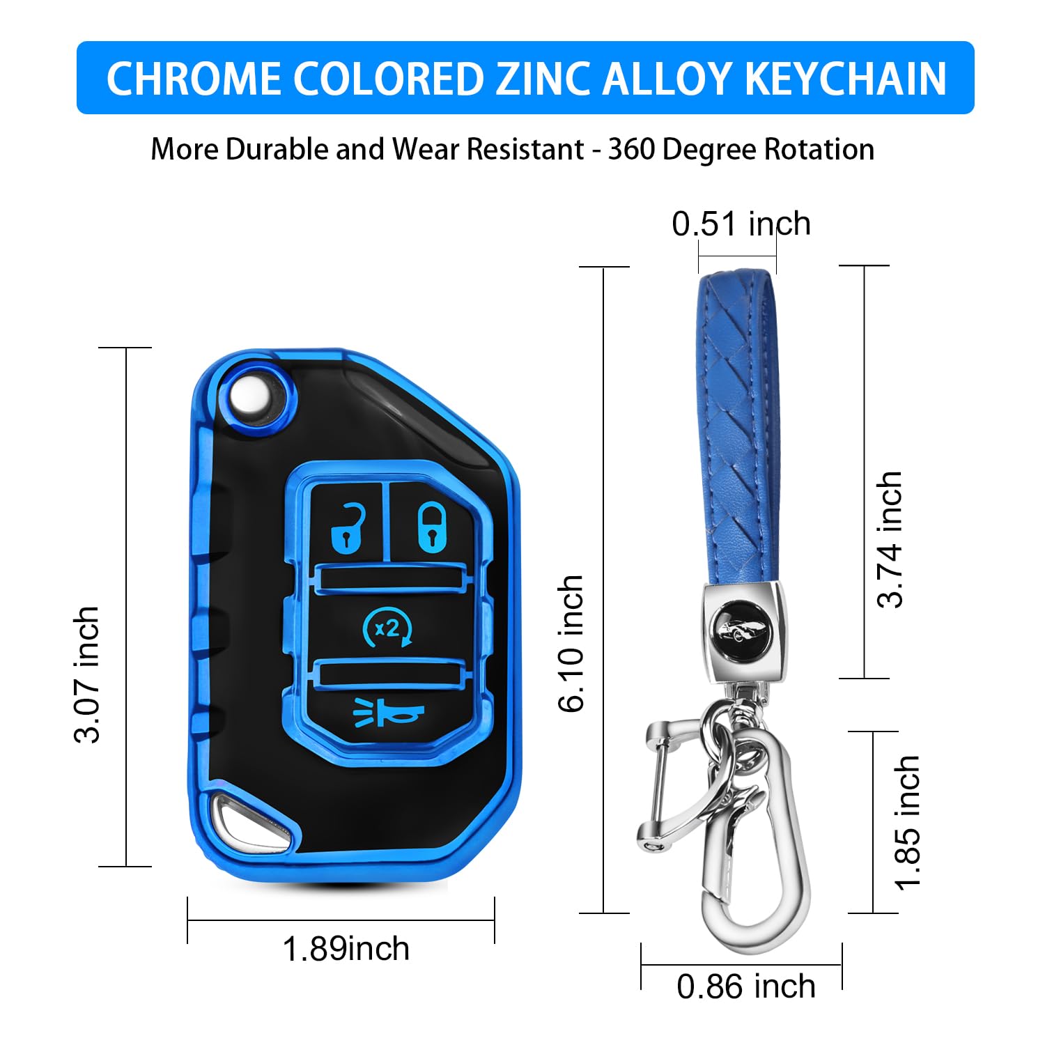 QBUC Jeep Key Fob Cover with Keychain - Compatible with Wrangler JLU JL Gladiator Rubicon JT, One Size, Blue