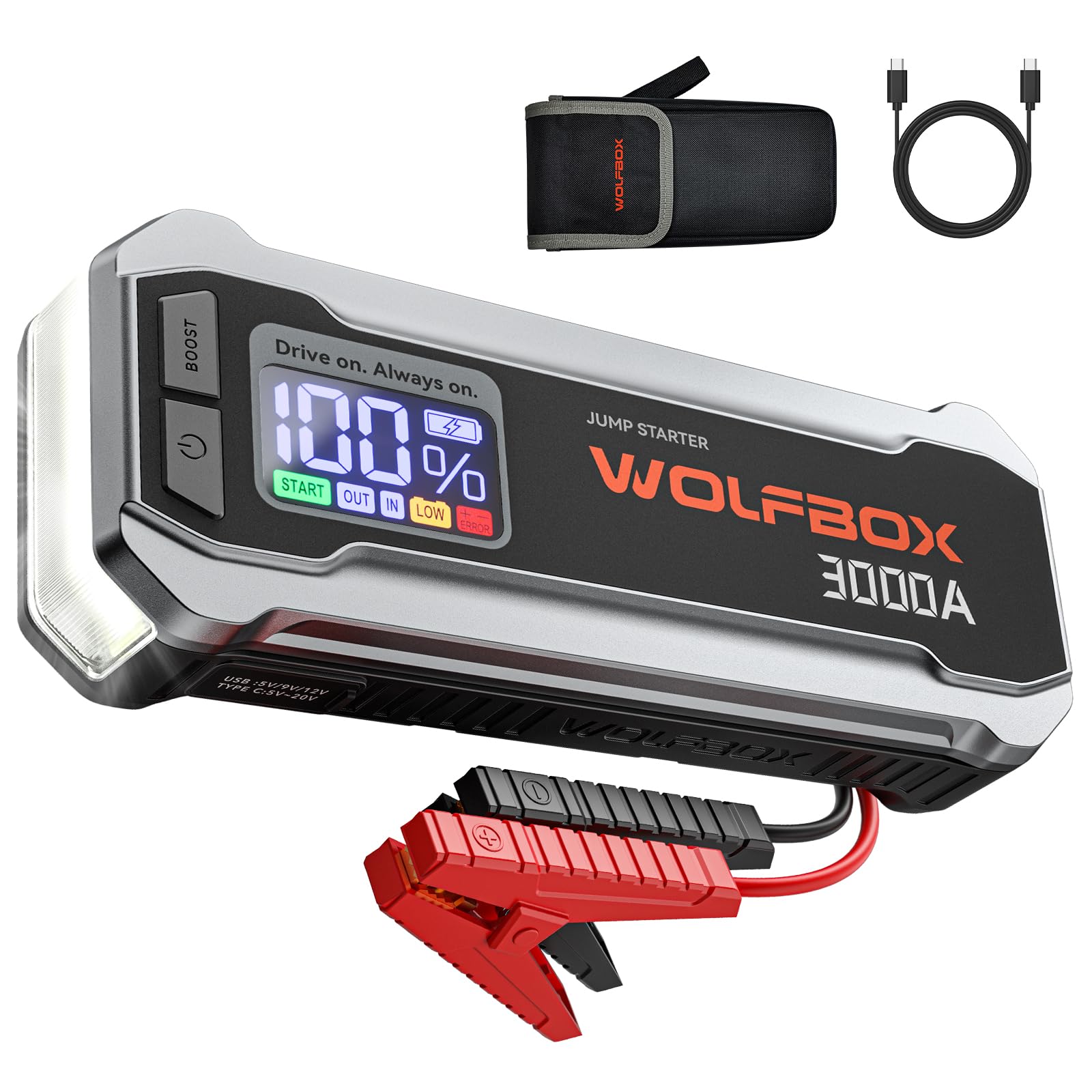 WOLFBOX 3000A Jump Starter - 16000mAh Portable Battery Pack for 8L Gas & 6L Diesel, Quick Charge, Silver, Model MegaVolt16