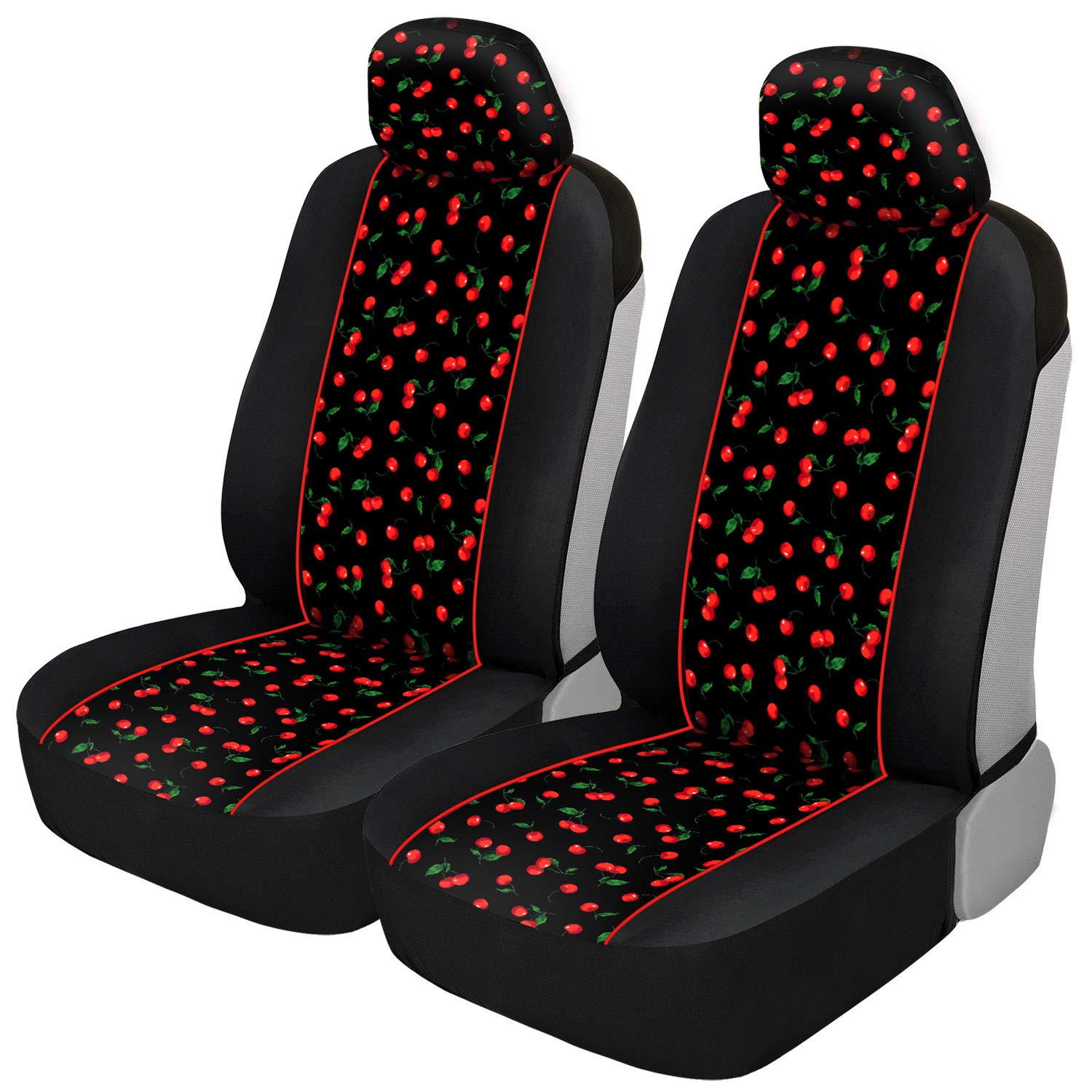 Bdk Red Cherry Car Seat Covers For Front Seats, 2 Pack - Classic Pattern With Matching Headrest, Sideless Design For Easy Instal